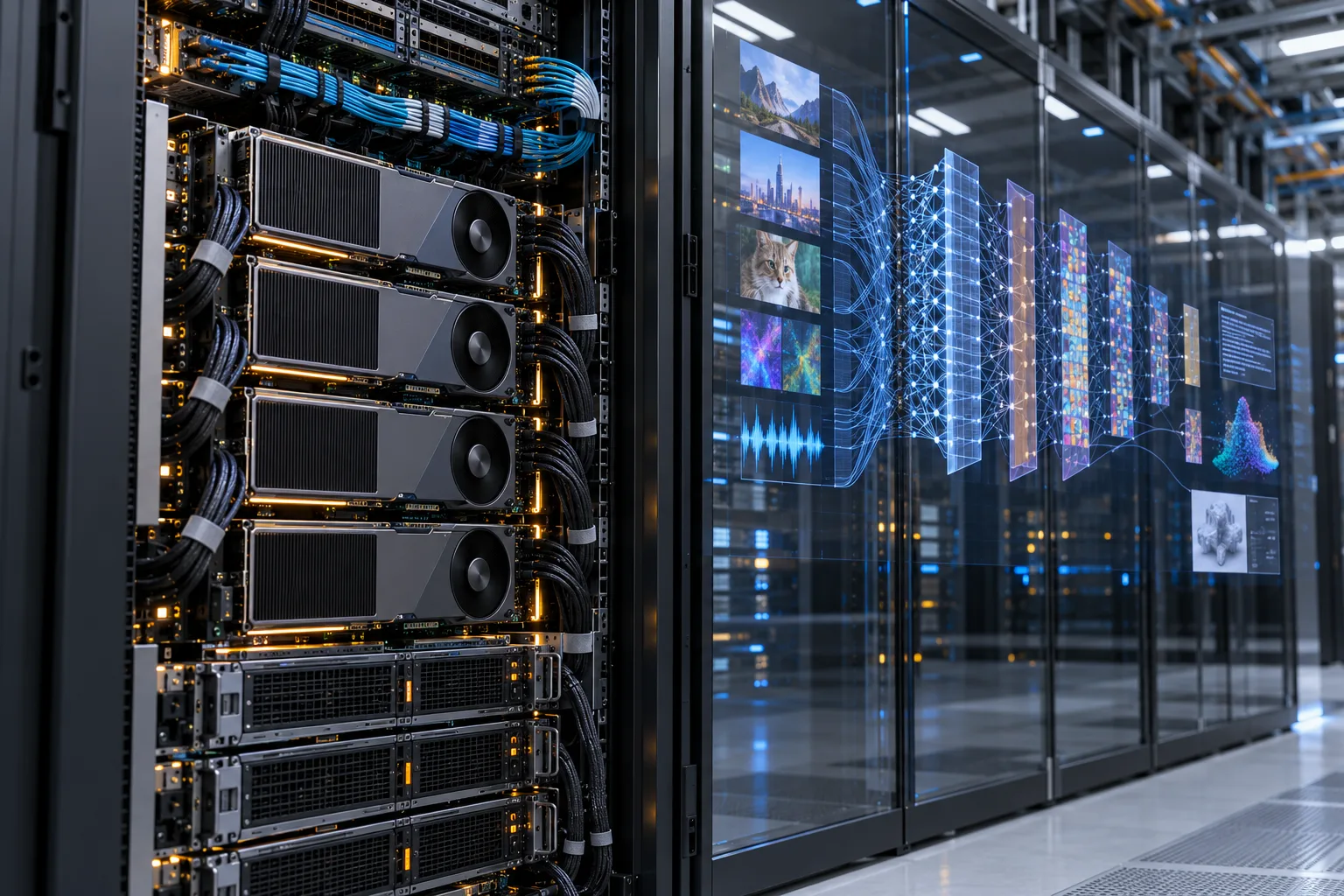 خوادم GPU وتصور تجريدي لشبكة ذكاء اصطناعي متعددة الوسائط في مركز بيانات