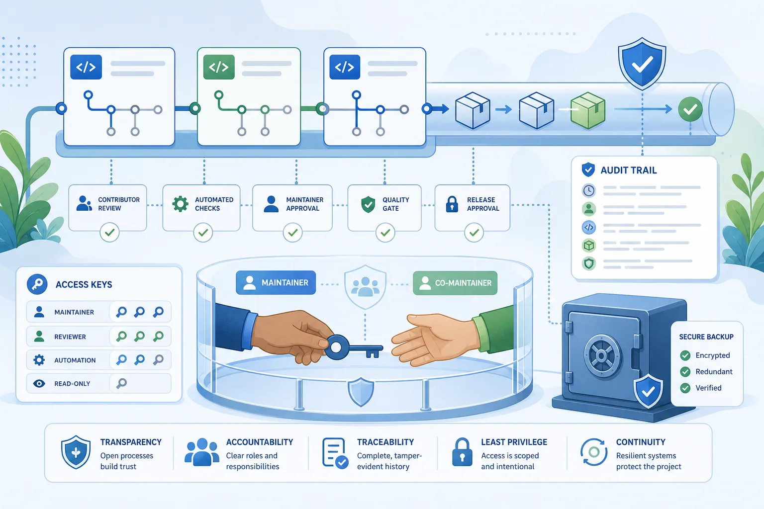 Open source package pipeline with access keys audit trail and backup vault