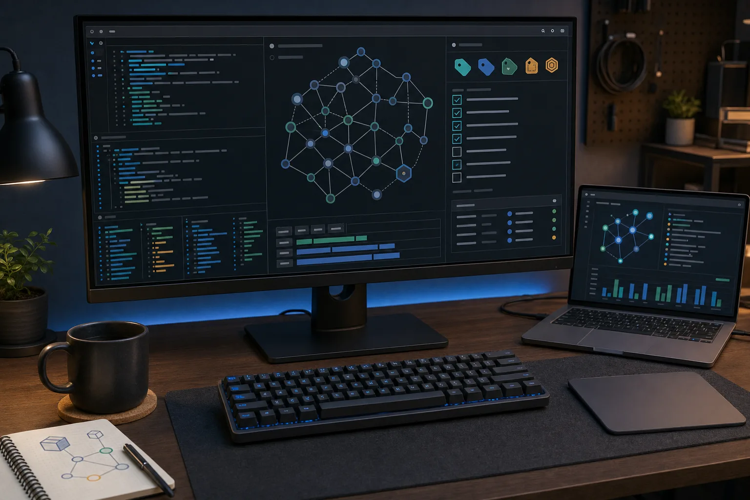 Developer workstation with dependency graph and release checklist