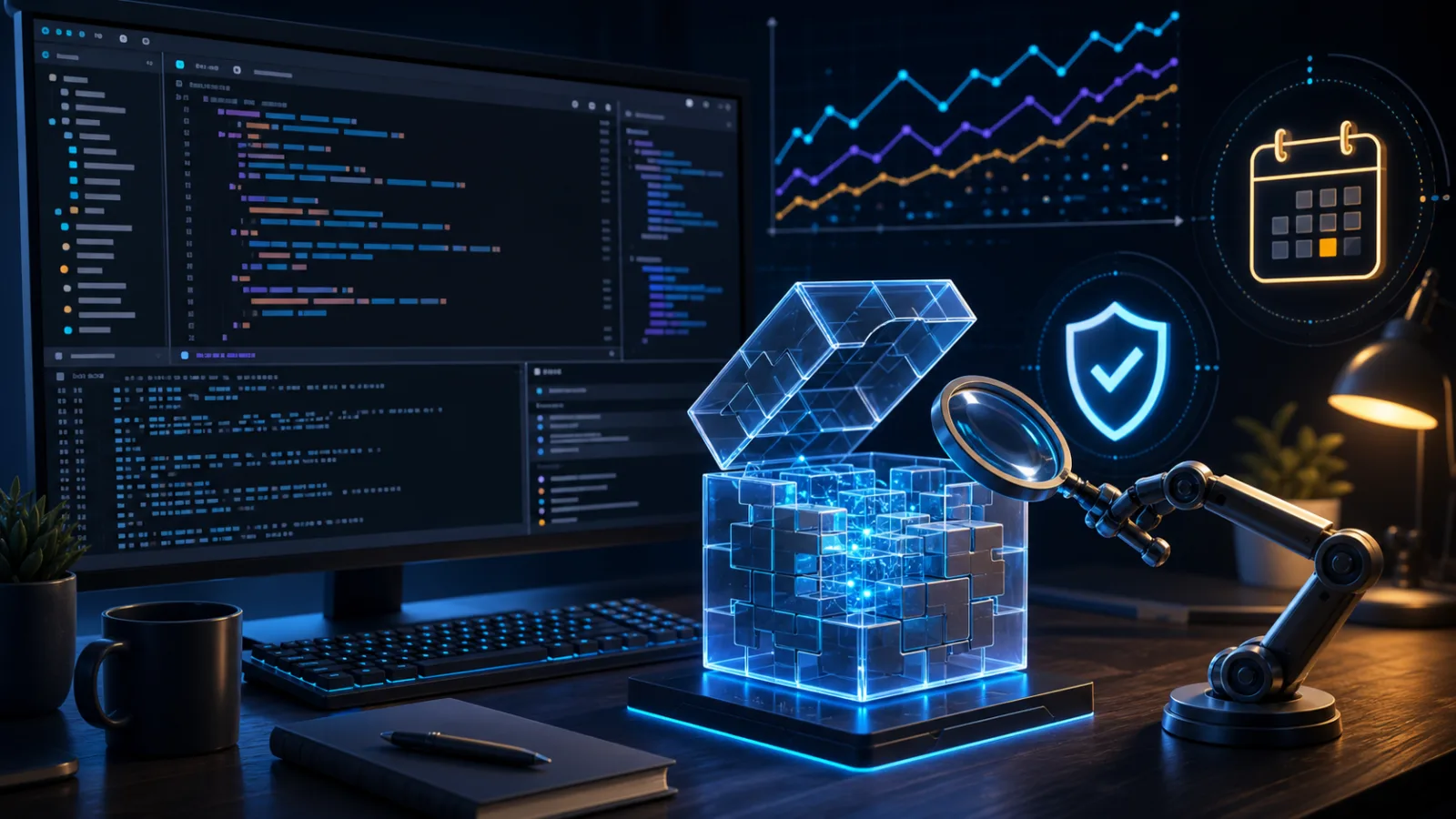Offene Modellgewichte neben Code-Editor, Benchmark-Grafik und Sicherheitsschild