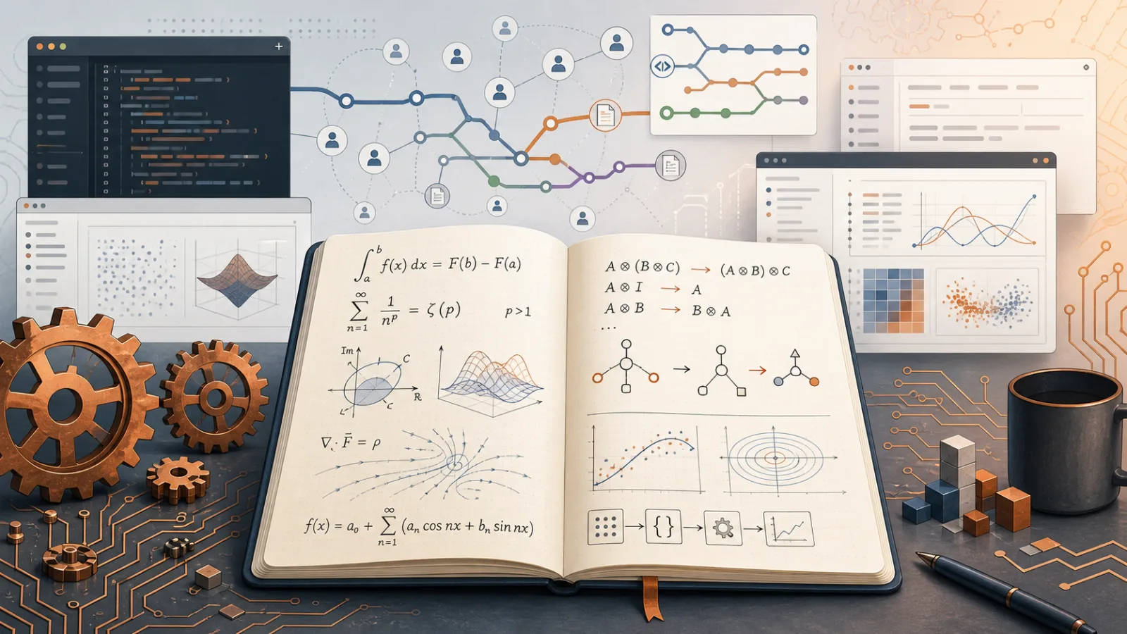 دفتر مفتوح يحوي تعبيرات رمزية وتروساً بأسلوب Rust ولوحات متصفح ورسماً لتعاون مفتوح المصدر