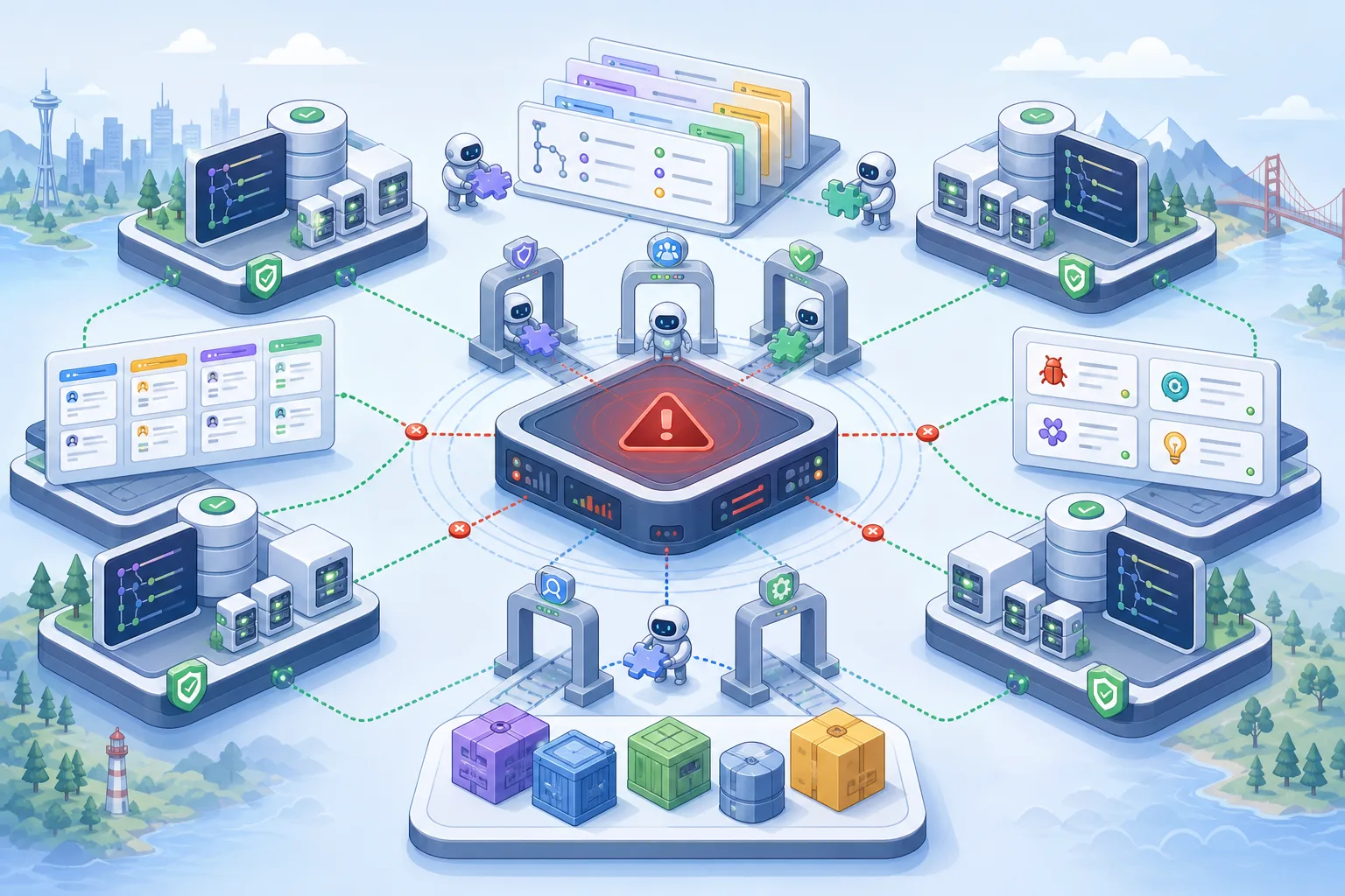 Verteiltes Code-Forge-Netz mit Mirrors, Review-Warteschlangen, CI und Ausfallwarnung