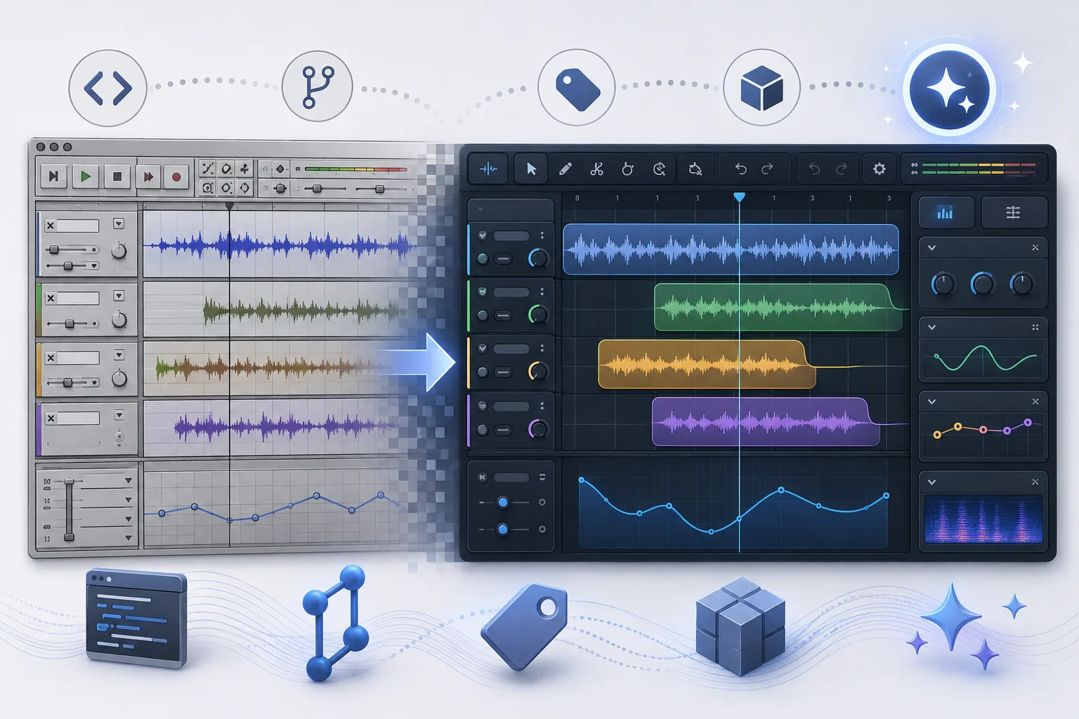 Éditeur audio open source abstrait avec forme d’onde et panneaux modernes