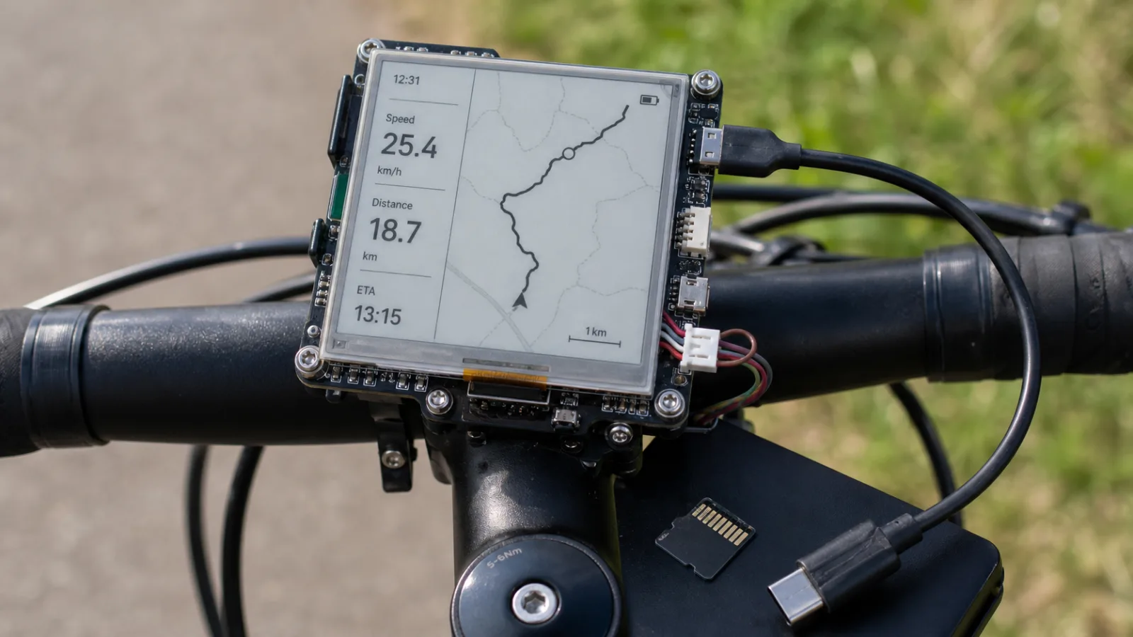 Carte LilyGO T5S3 à écran à encre électronique fixée sur un guidon de vélo, affichant une carte hors connexion près d’une carte microSD et d’un câble USB-C