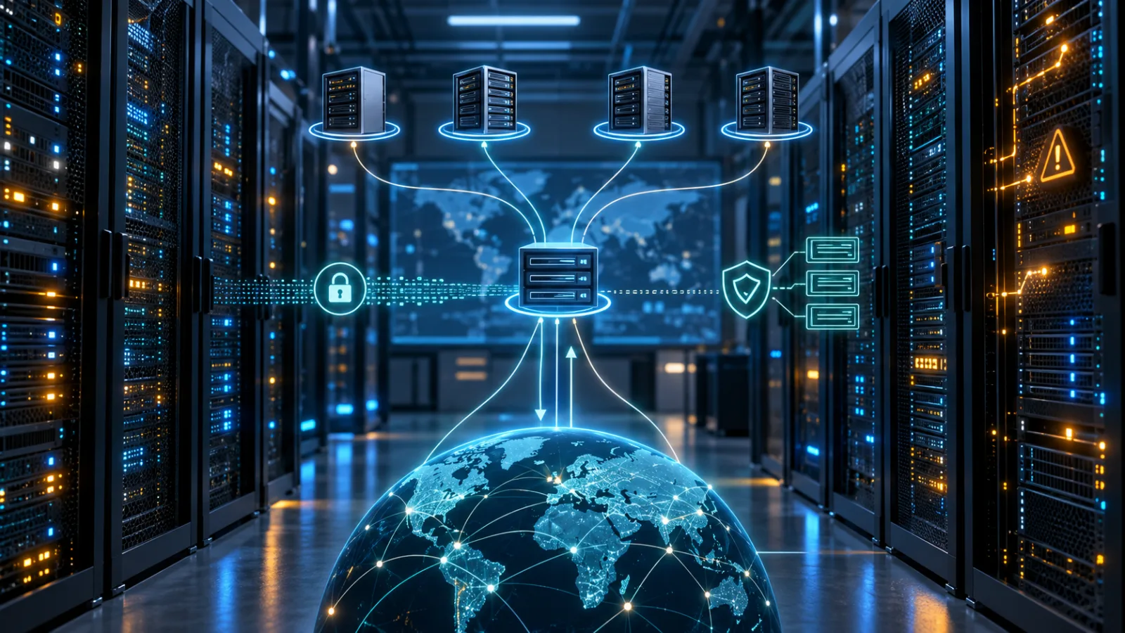 Server racks connected by a secure DNS network diagram, representing BIND security maintenance and upgrade planning.