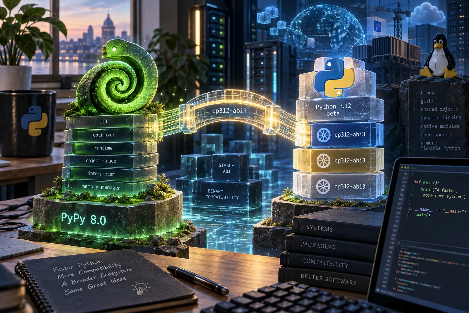 Editorial illustration of a PyPy-inspired runtime connected by a compatibility bridge to standardized Python extension packages.
