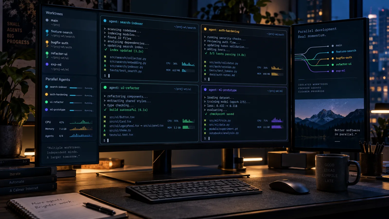 A dark desktop development workspace showing several parallel terminal sessions organized into separate Git worktree tasks.