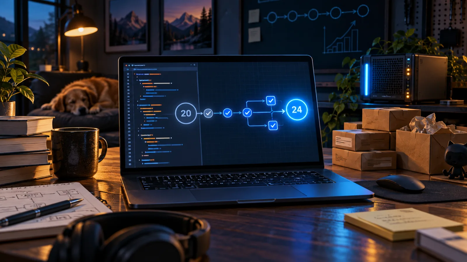 Ilustración tecnológica editorial de un mantenedor de código abierto revisando la migración de GitHub Actions de Node 20 a Node 24, con artefactos de CI y un runner propio.