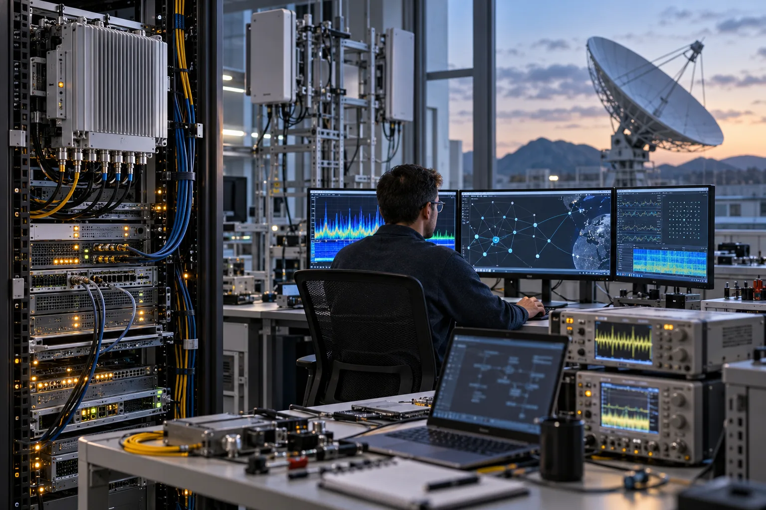 Telecom laboratory with 5G radio equipment and a satellite-link test setup representing open RAN interoperability work