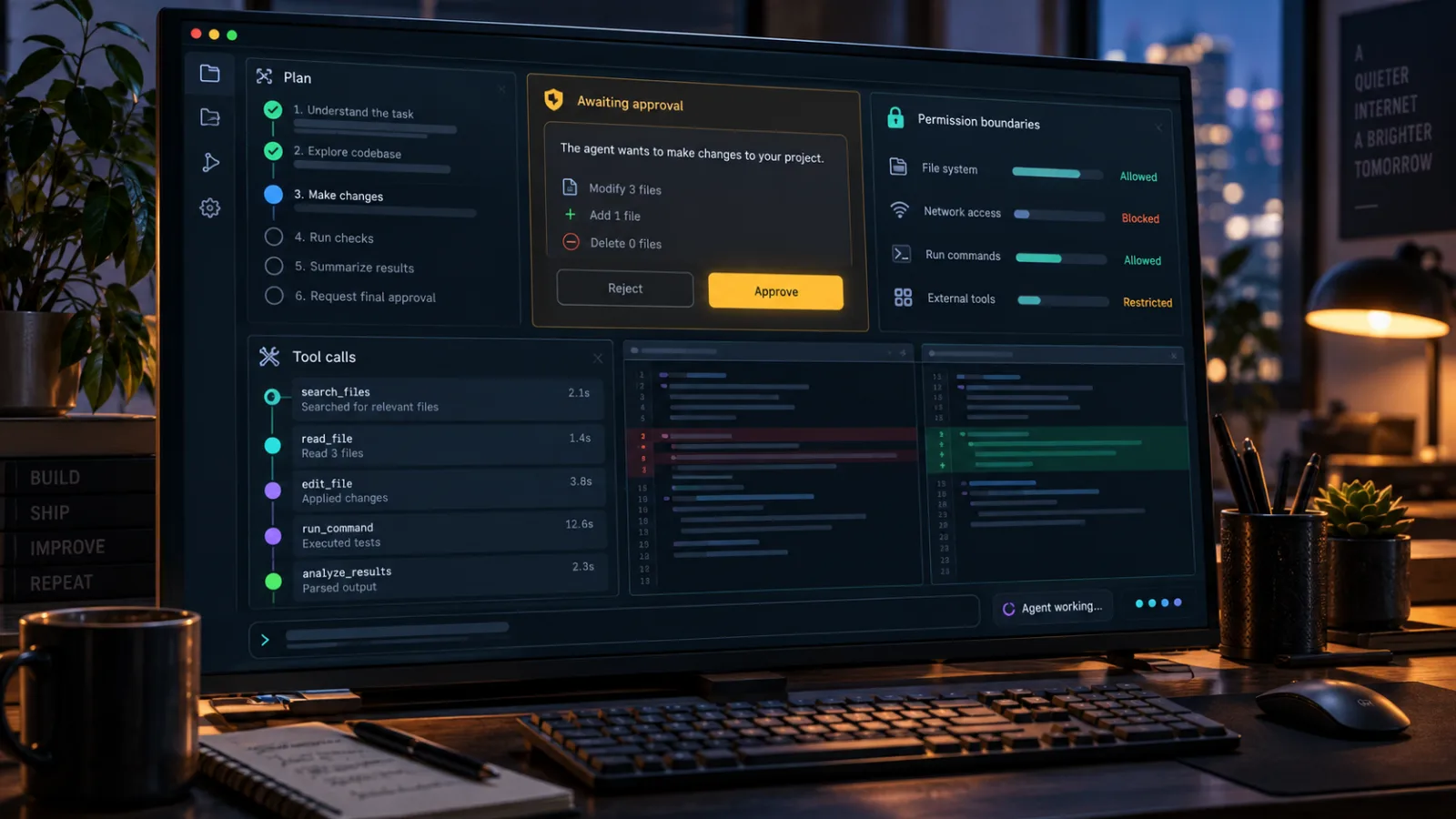 Illustration éditoriale d’un agent de programmation dans un terminal avec plan, validation, appels d’outils et limites d’autorisation visibles.