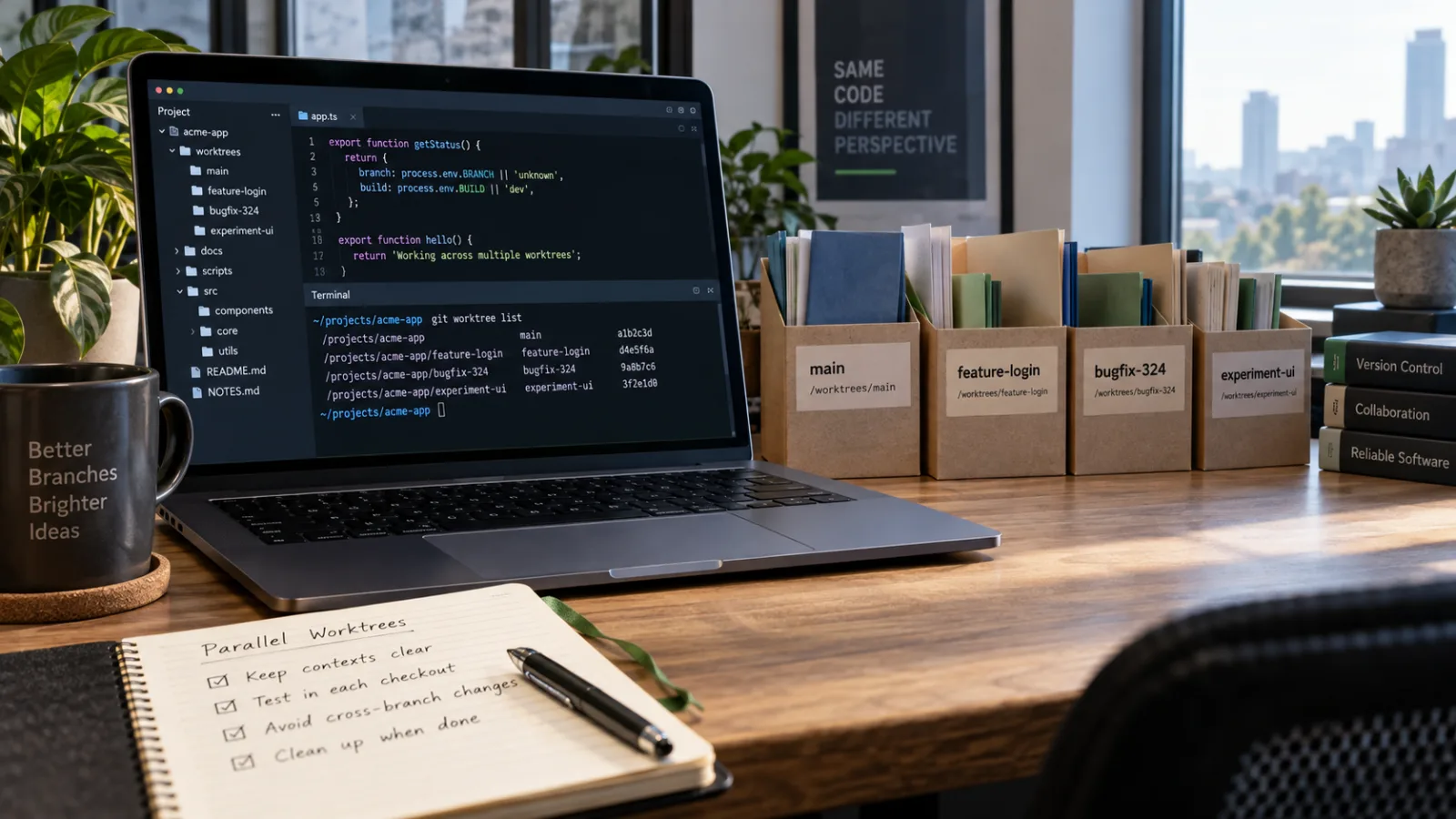 Editorial photograph of a laptop and organized project folders representing multiple linked Git worktrees.