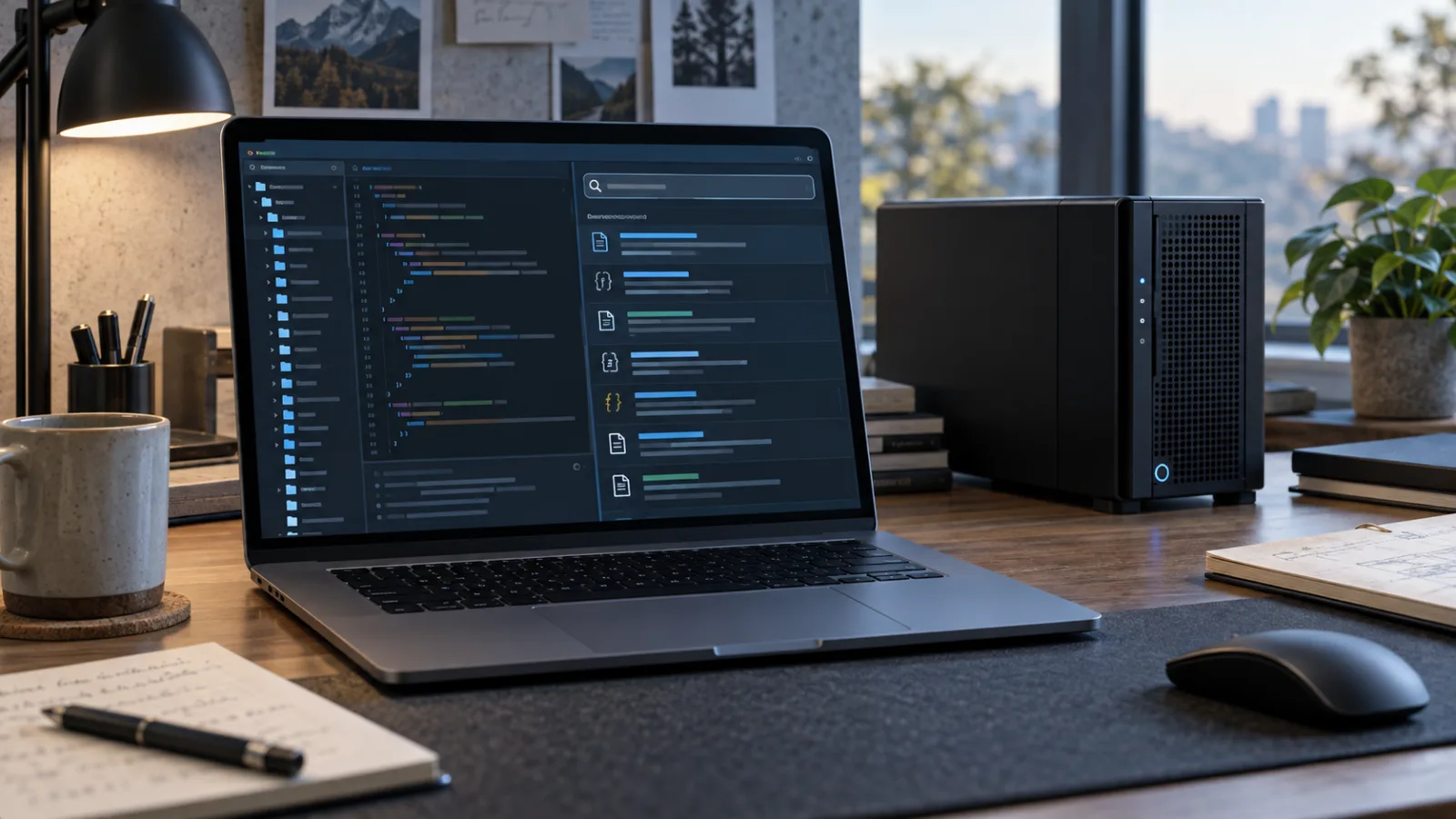 Photographie éditoriale technologique d’un système local de recherche pour agent de programmation, avec ordinateur portable, dépôt indexé et serveur local séparé.