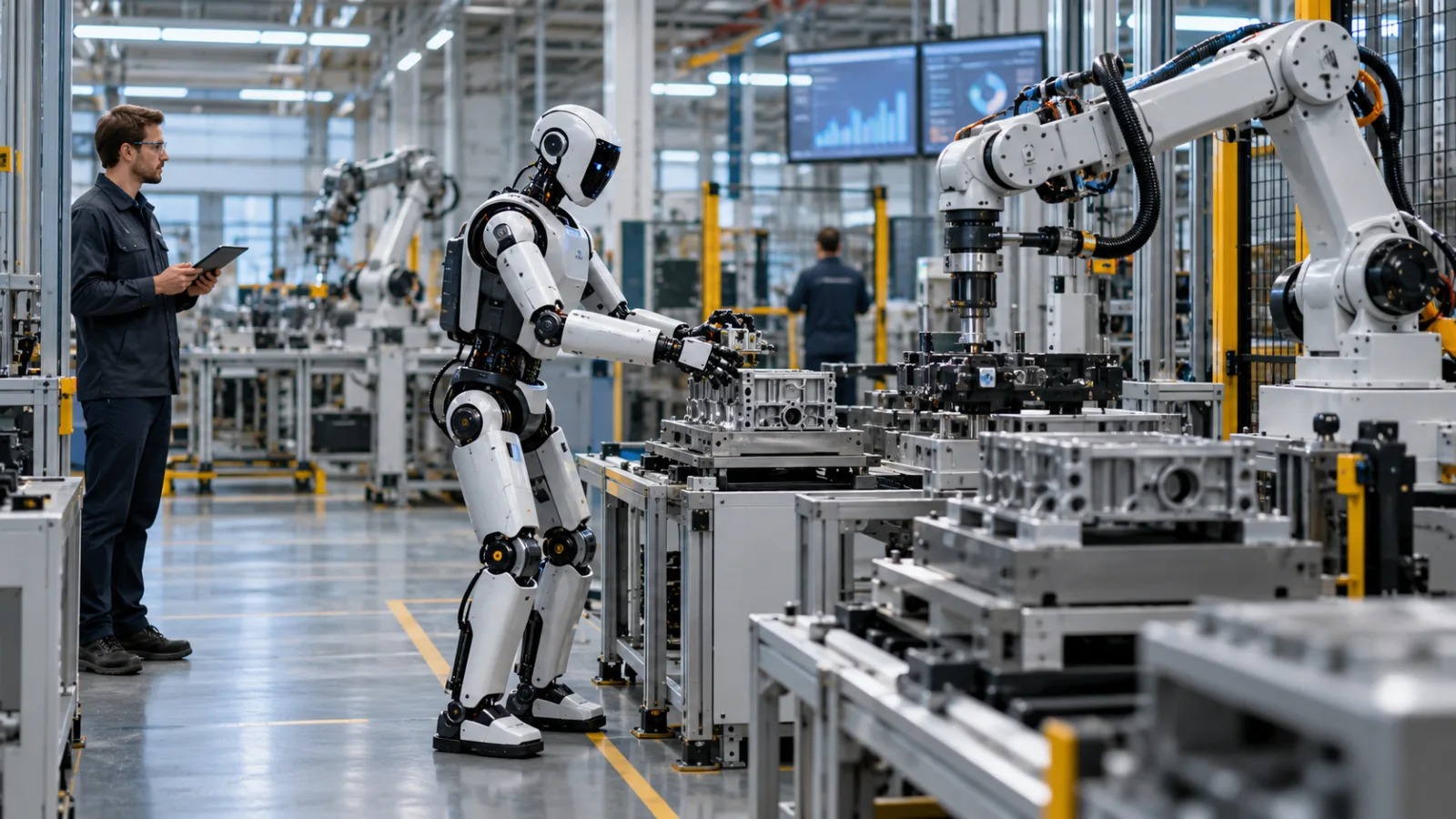 Ein humanoider Roboter und Industrieroboter arbeiten an Maschinen in einer Fabrik, während ein Ingenieur zusieht.