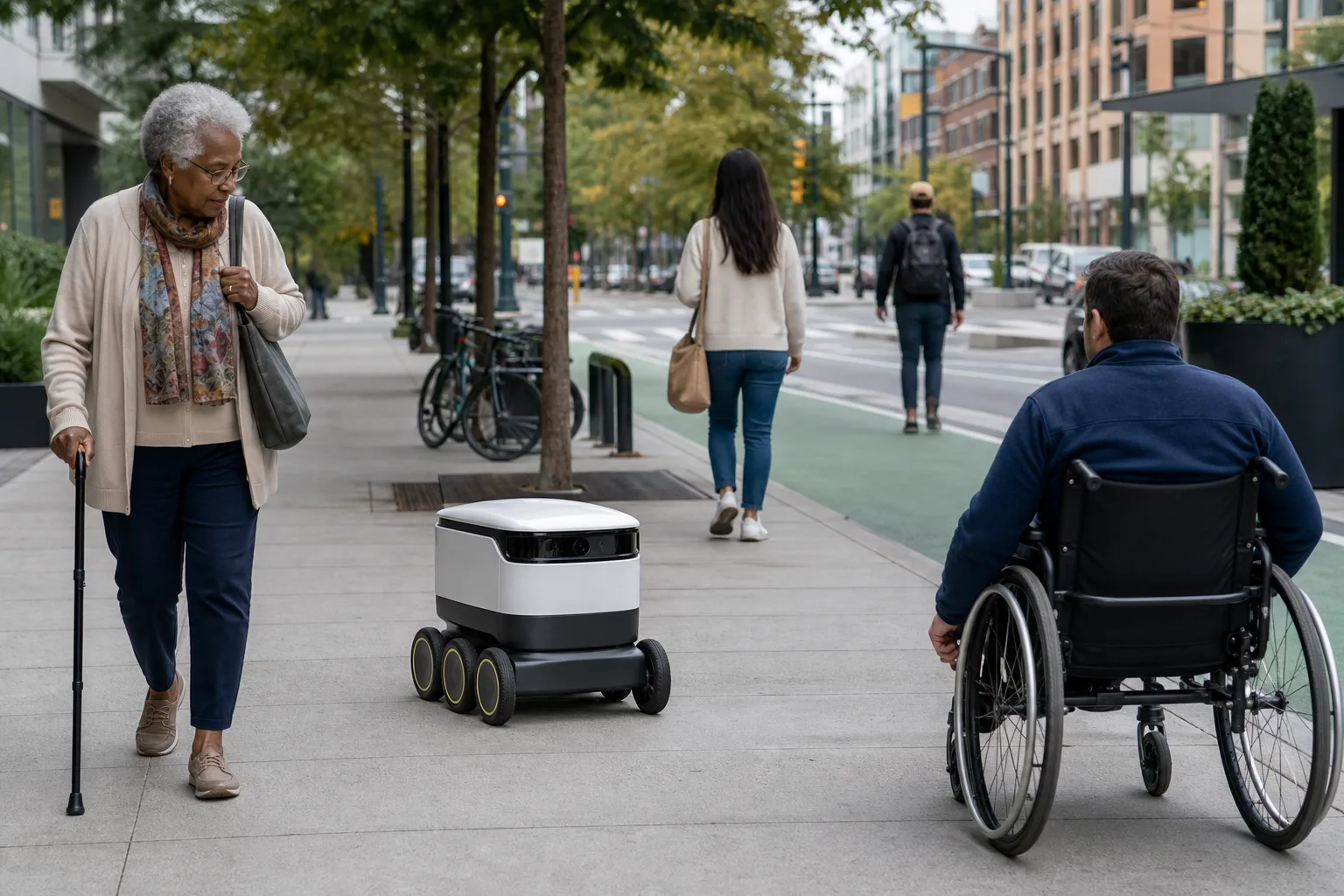 Autonomous delivery robot sharing a city sidewalk with pedestrians