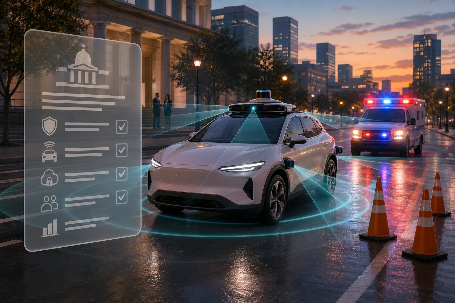 Robotaxi sin marca junto a conos y luces de emergencia con una lista de regulación urbana