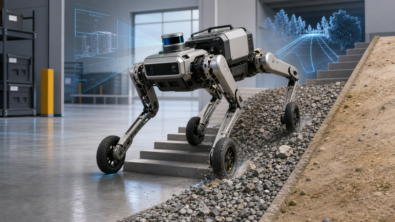 Czworonożny robot z kołami pokonuje podłogę magazynu, schody, żwir i nachylenie z czujnikami oraz małym ładunkiem