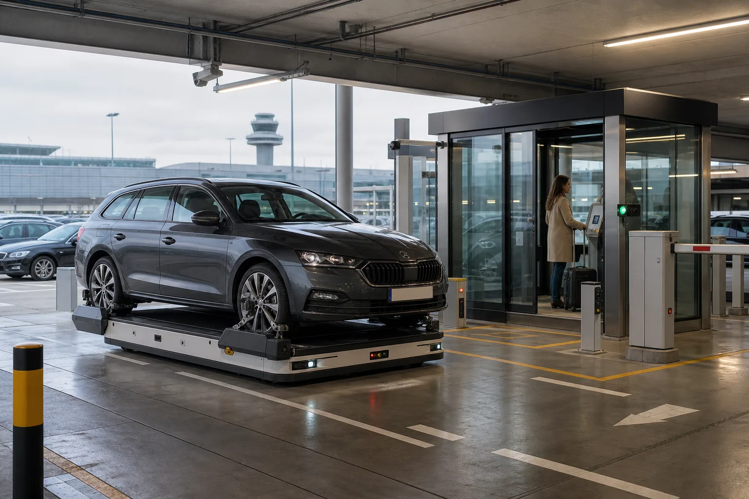 Автономный парковочный робот перемещает машину в controlled airport parking facility