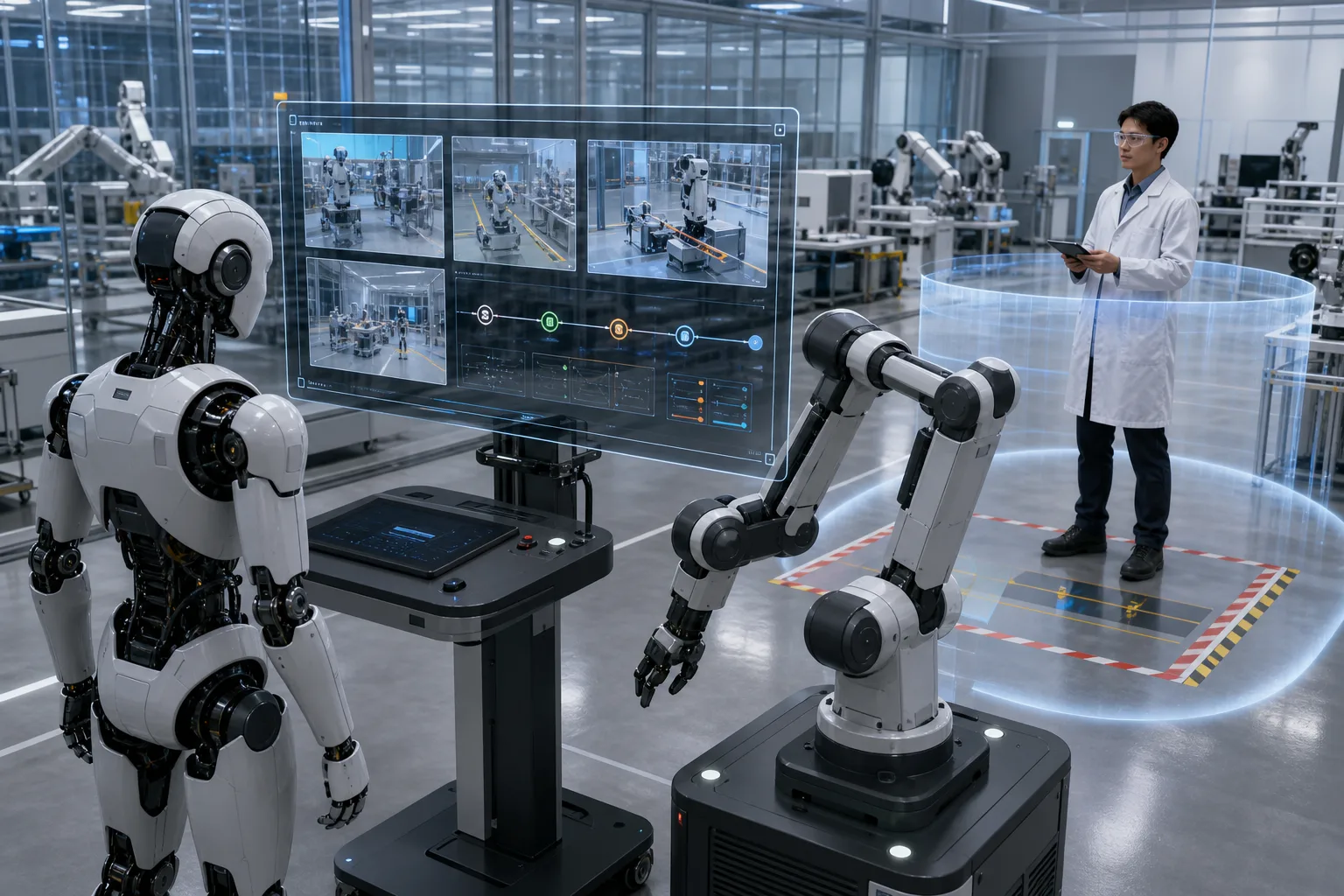 Robots in a lab with an AI planning display and safety zone