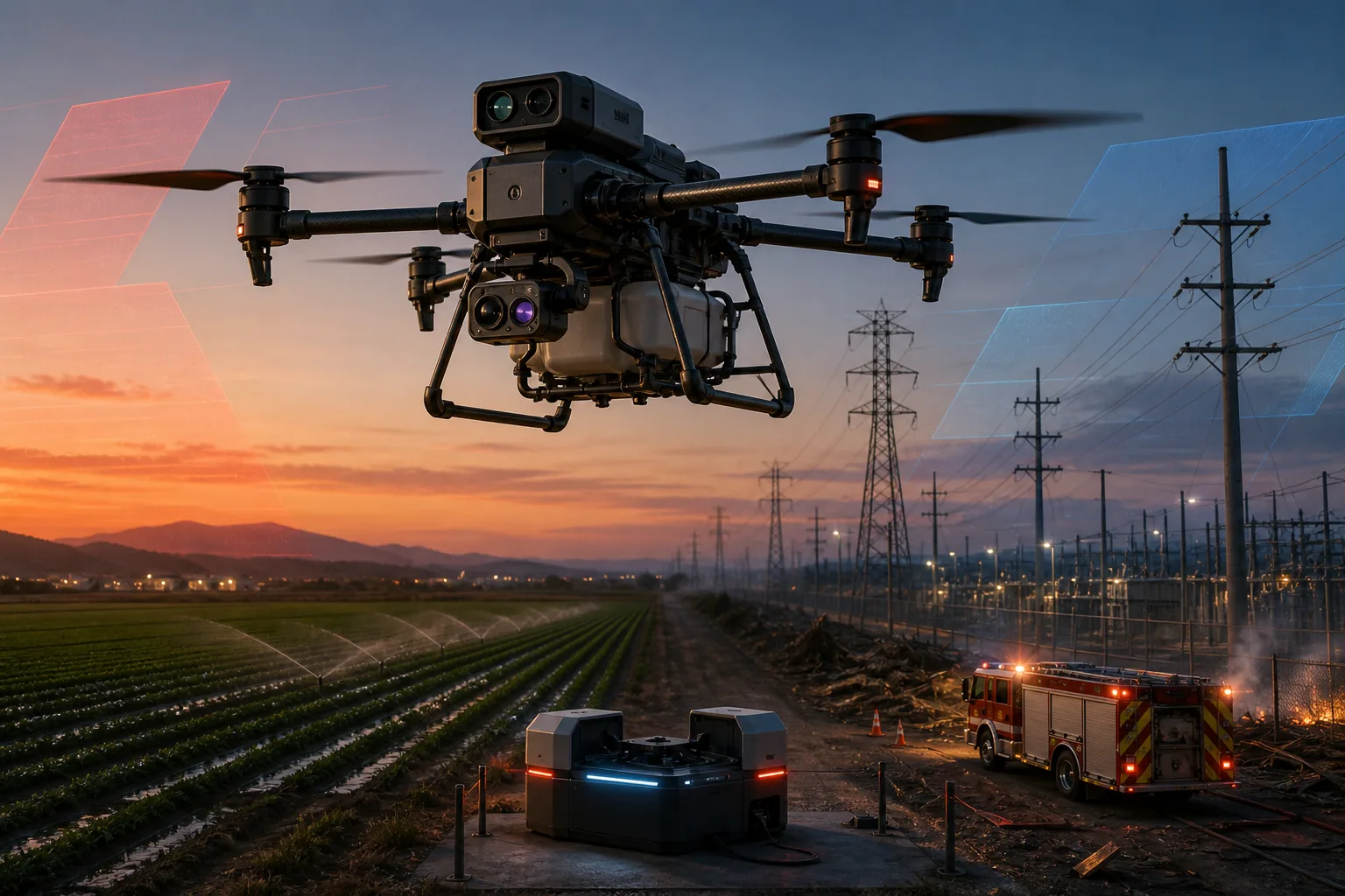 Professionelle autonome Drohne mit Wärmebildkamera, LiDAR-Sensor und Dock über Feld und Infrastruktur