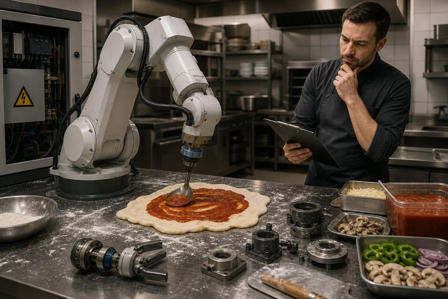 Generic robotic arm in restaurant kitchen working over uneven pizza dough with maintenance checklist