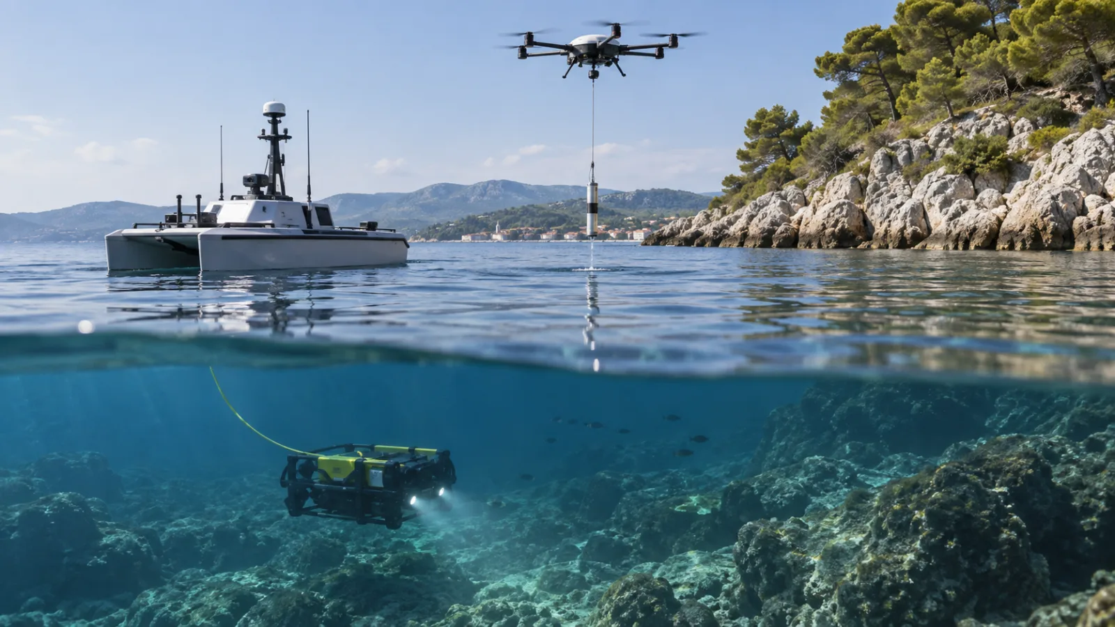 An autonomous surface vessel, aerial sampling drone and underwater robot coordinate over the Adriatic Sea near Croatia.