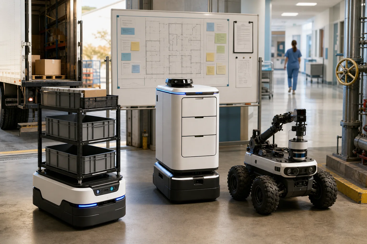 Service robots working in ordinary warehouses, clinics and inspection routes