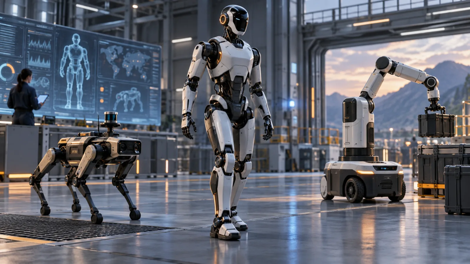 Un humanoïde, un robot quadrupède d’inspection et un manipulateur mobile dans un hall industriel moderne de test.