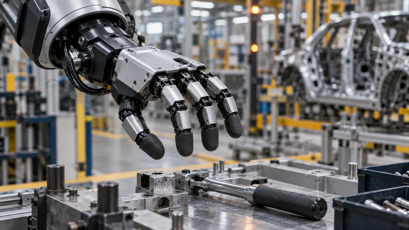 An unbranded four-finger industrial robot hand hovers above a metal factory fixture and hand tool on an automotive manufacturing floor.