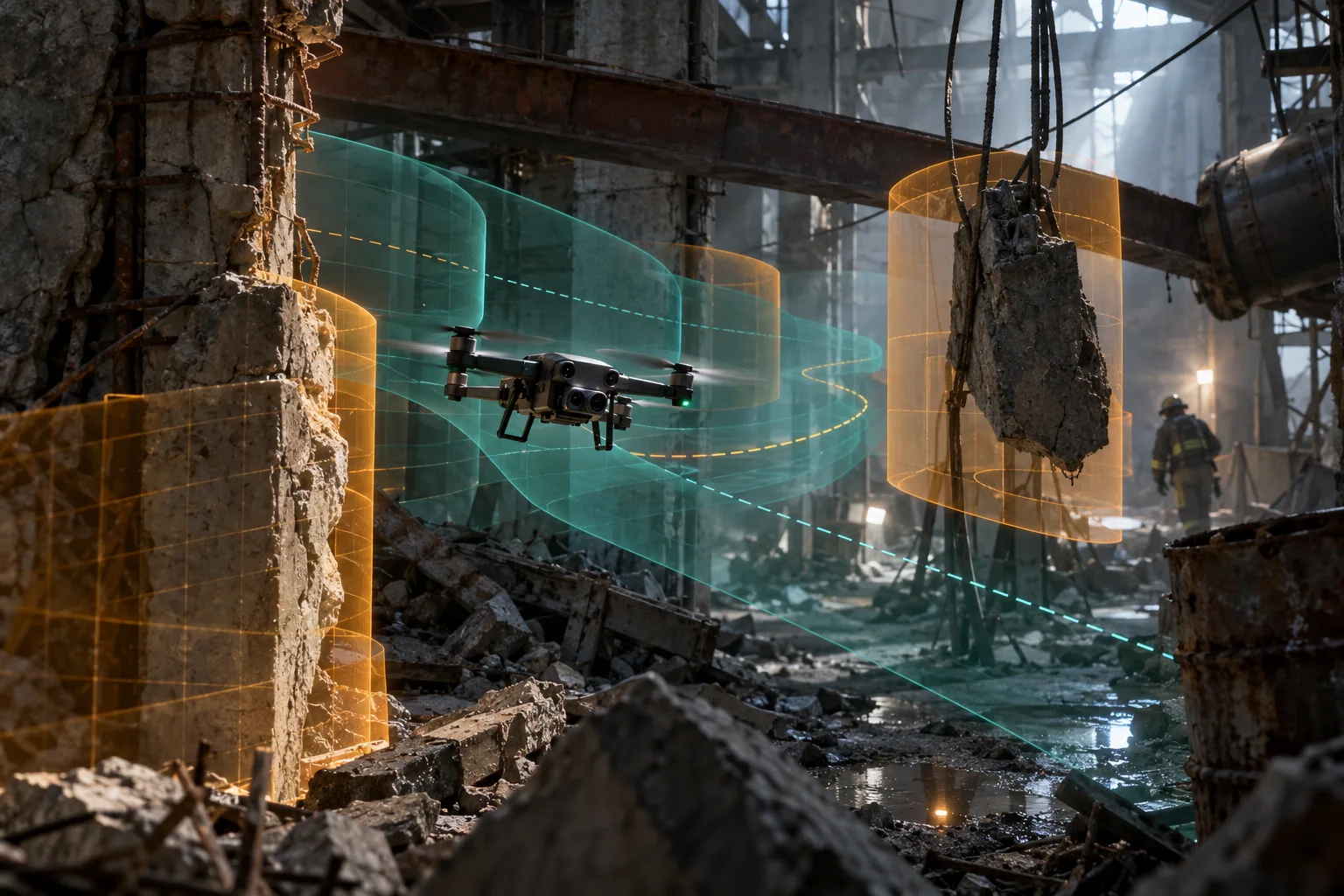 Un dron de investigación vuela por un interior industrial dañado dentro de un corredor de seguridad dependiente del tiempo visualizado.