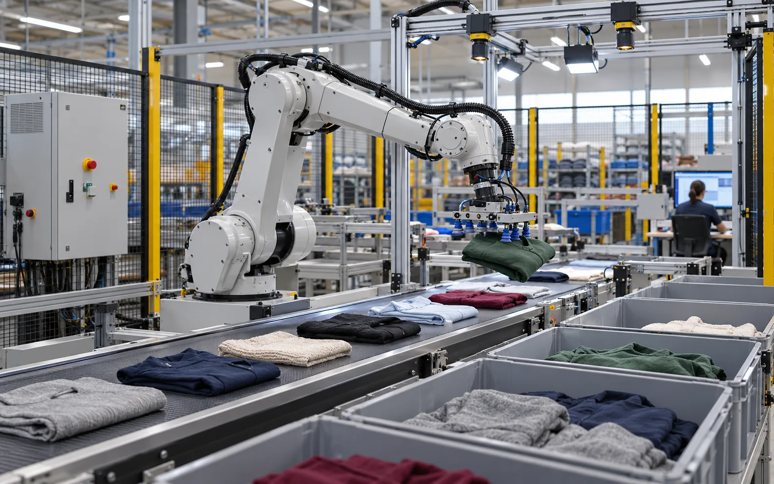 Robot industrial que usa visión artificial para clasificar prendas en una célula logística