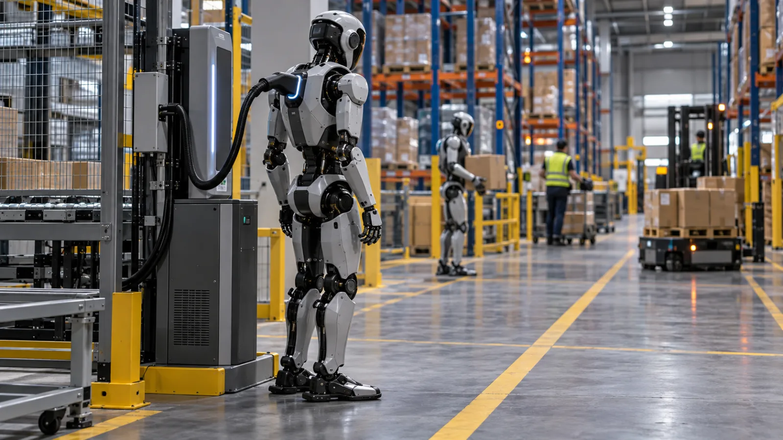 Robot humanoïde d’entrepôt près d’une station de recharge dans un site logistique moderne