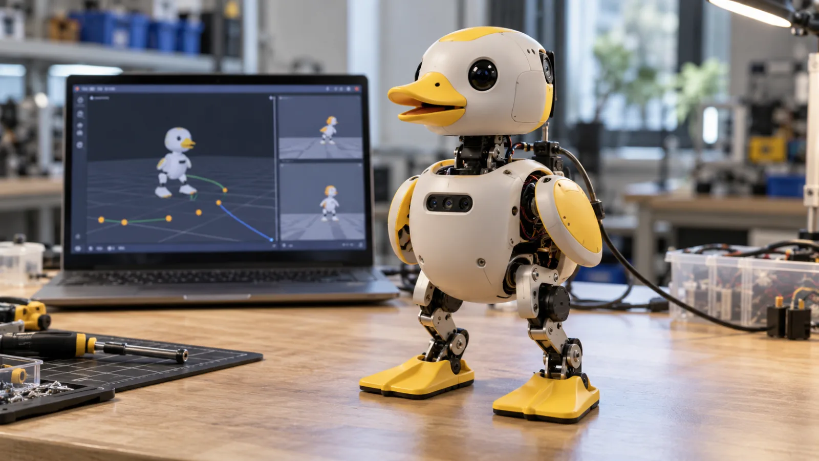 Un pequeño robot bípedo con forma de pato está sobre una mesa de laboratorio junto a un portátil que muestra una simulación de robótica.