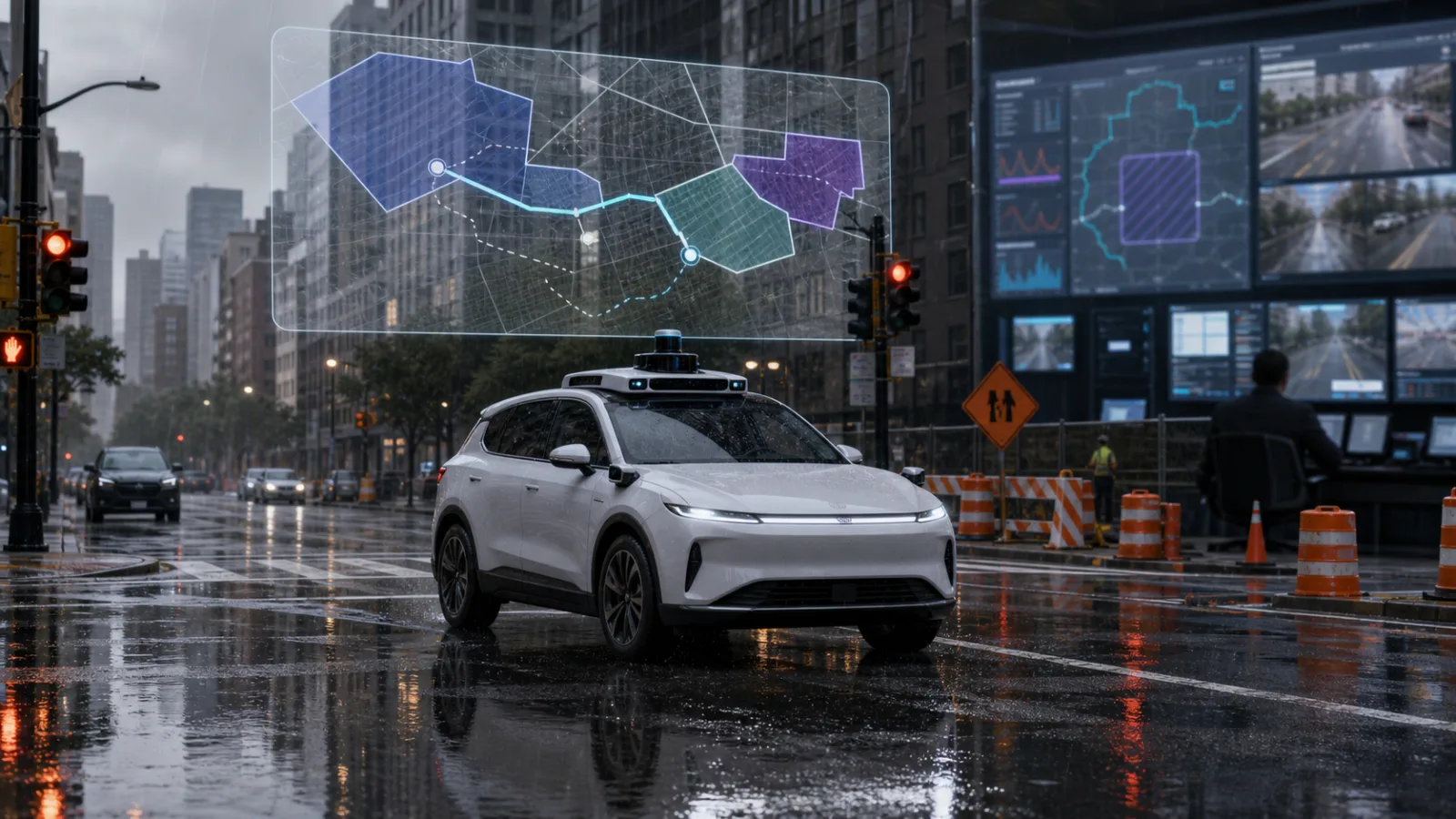 Autonomous taxi navigating rain, standing water and construction inside a monitored geofence