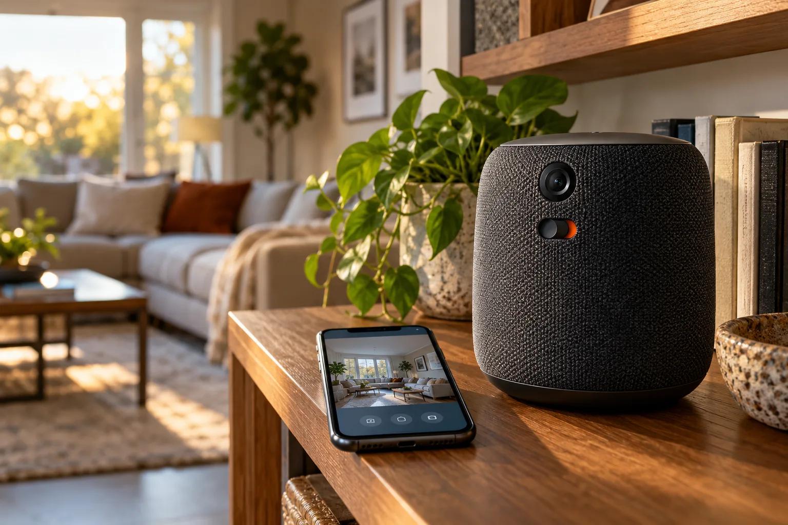A premium camera-equipped smart speaker with a privacy control beside a phone showing a room view in a warmly lit living room.