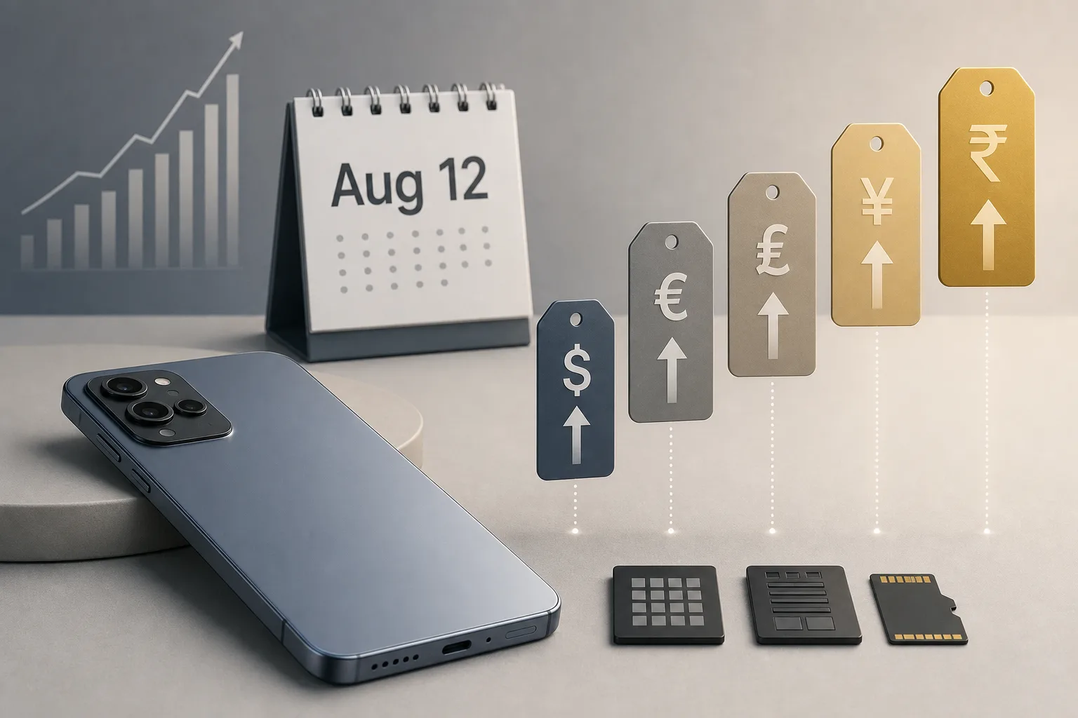 Generic smartphone launch desk with storage chips and rising price tags