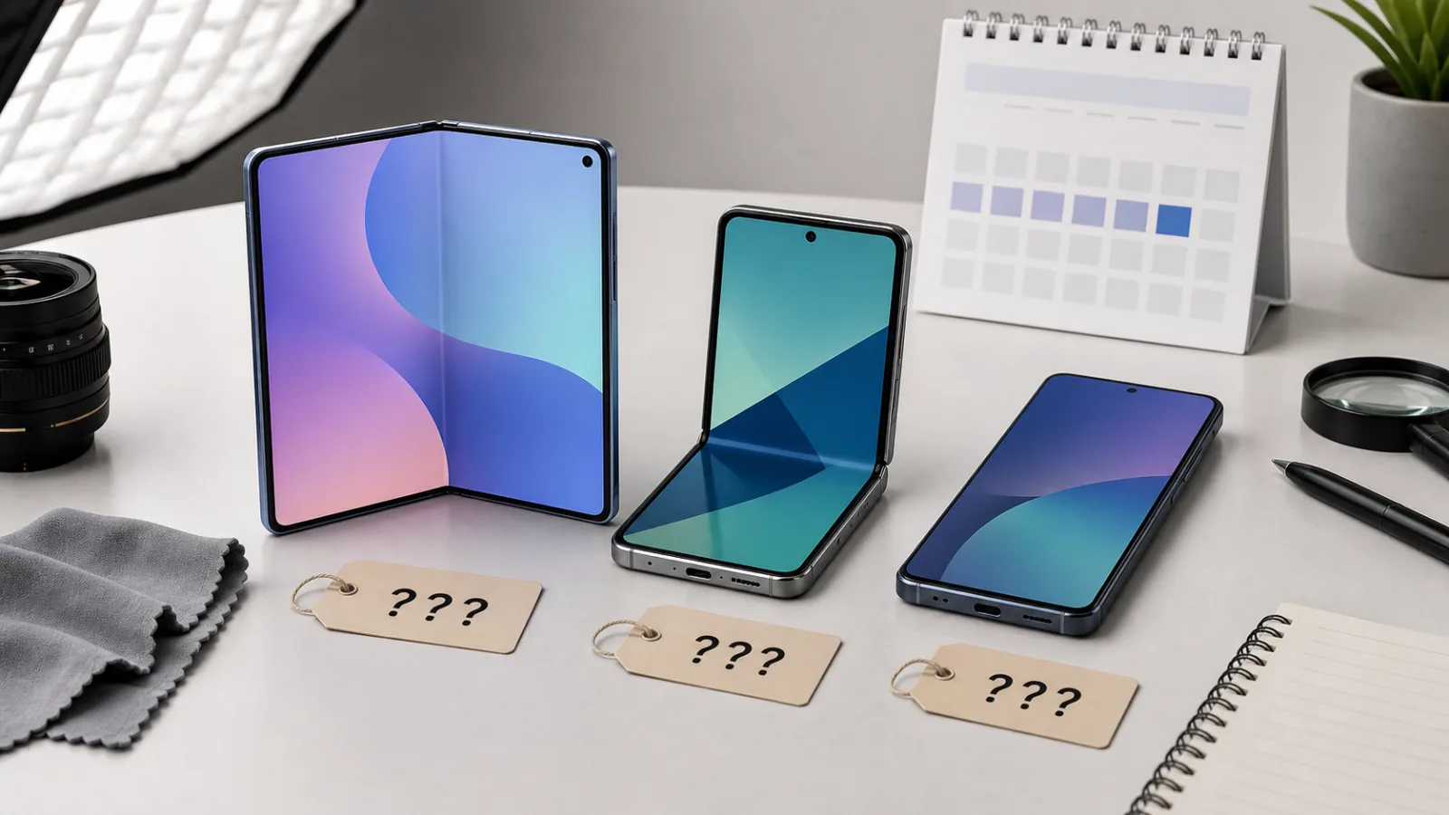 Foldable phones on a review desk with price questions
