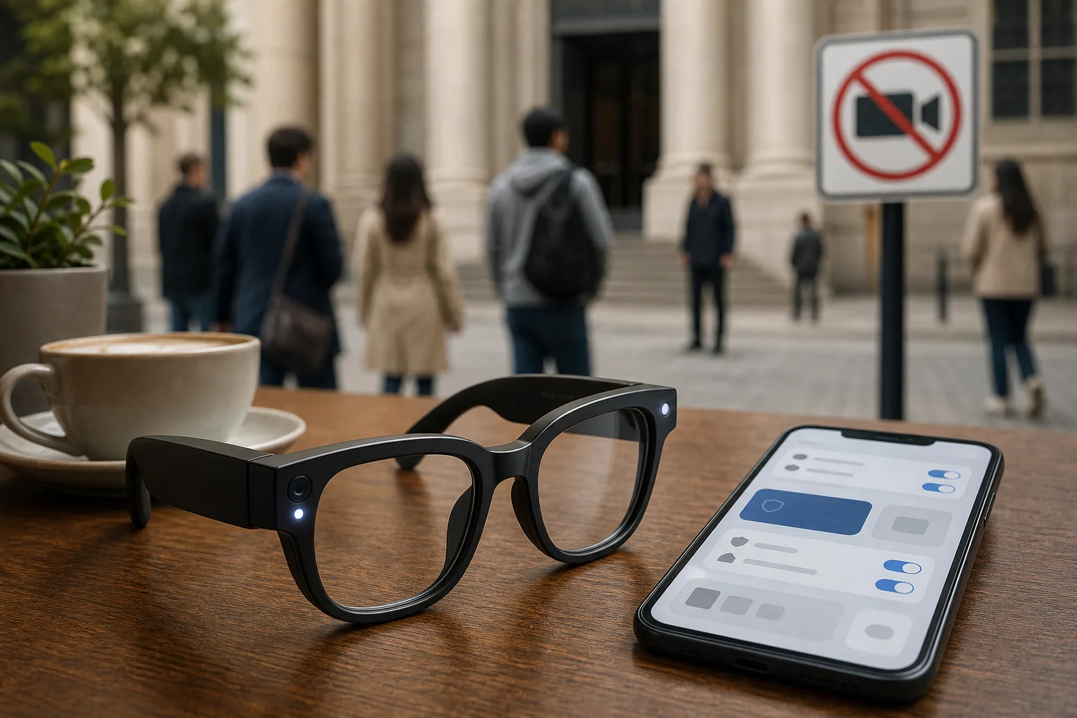 Unbranded smart glasses on a table with privacy controls and a no-recording sign