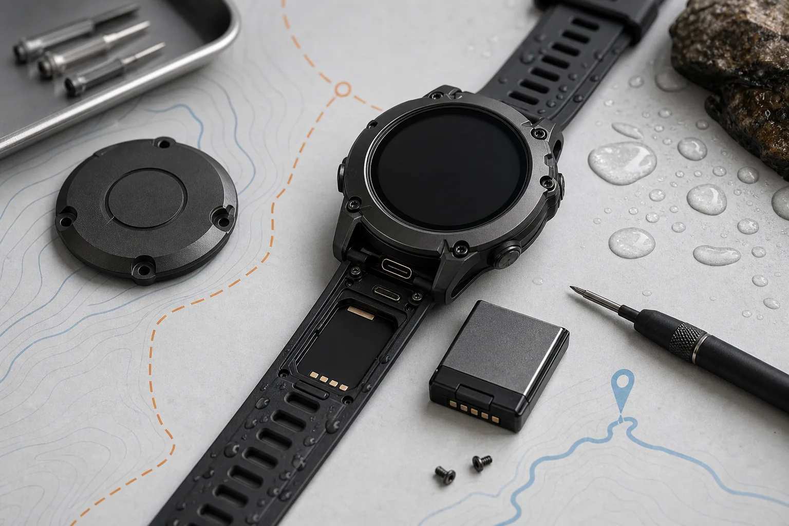 Repairable modular GPS watch with USB-C port and replaceable battery on a workbench