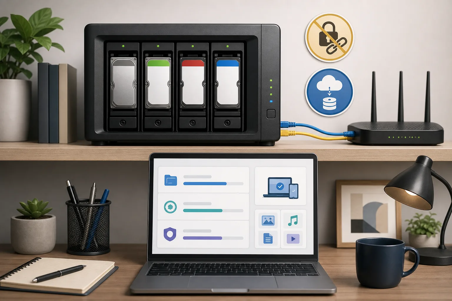 Heim-NAS mit Laufwerksschächten, Router, Backup-Status am Laptop und Lock-in-Warnsymbolen