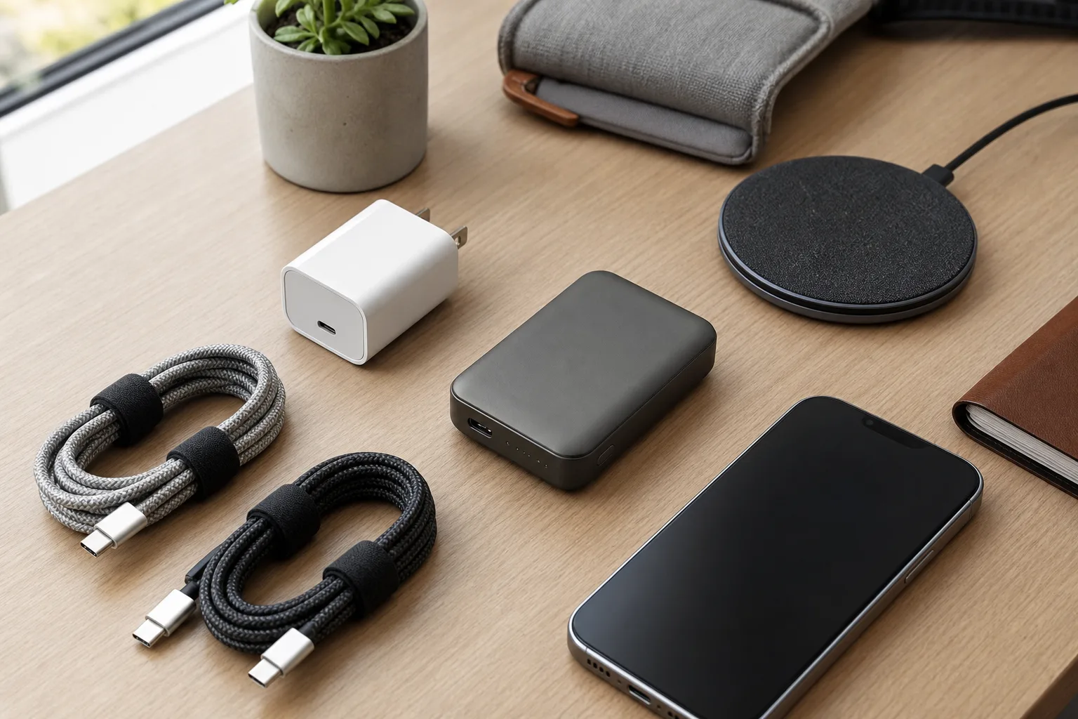USB-C charger, cables, power bank and wireless pad on a travel desk