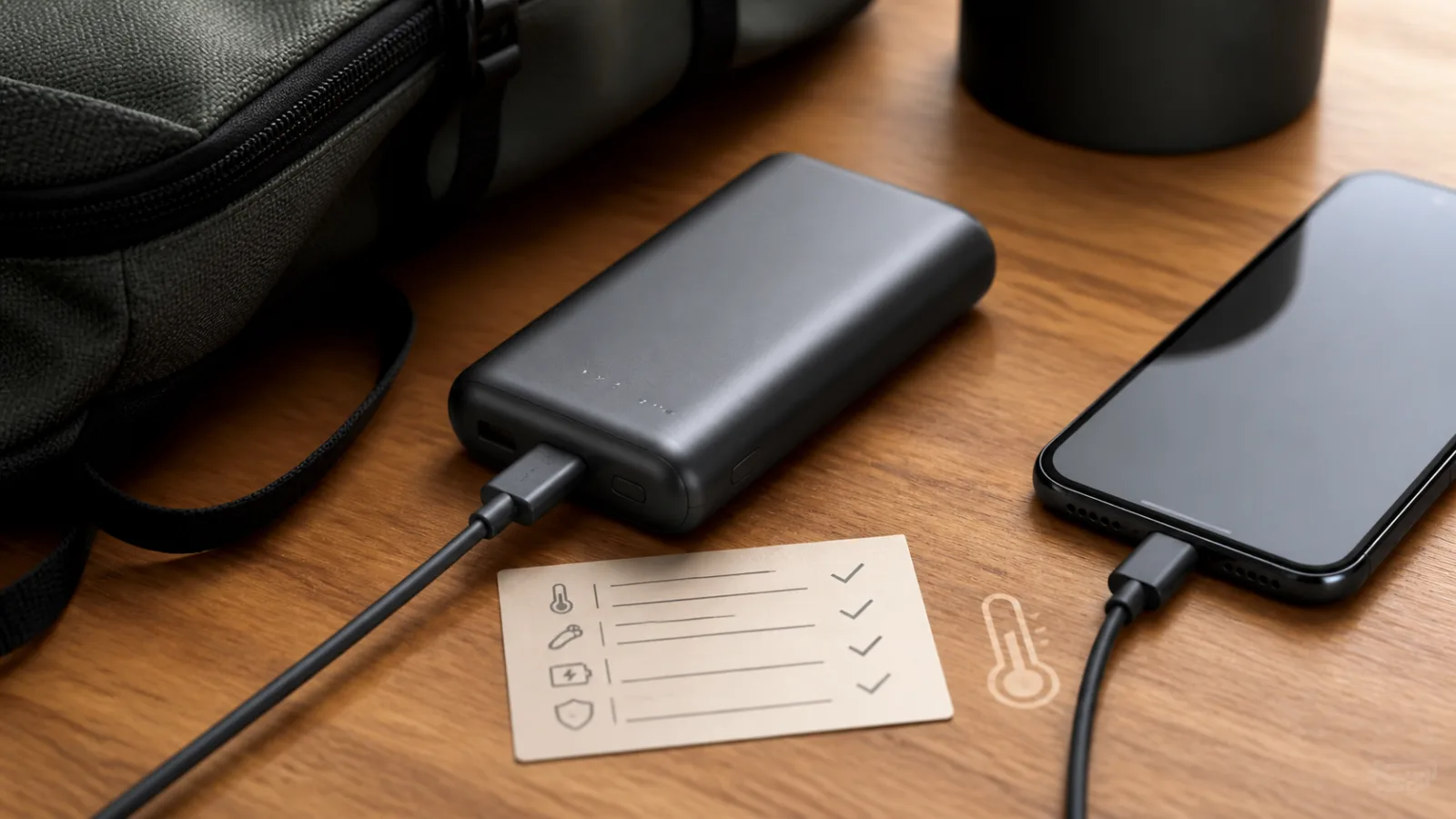 Power bank USB-C obok telefonu, torby podróżnej i listy bezpieczeństwa