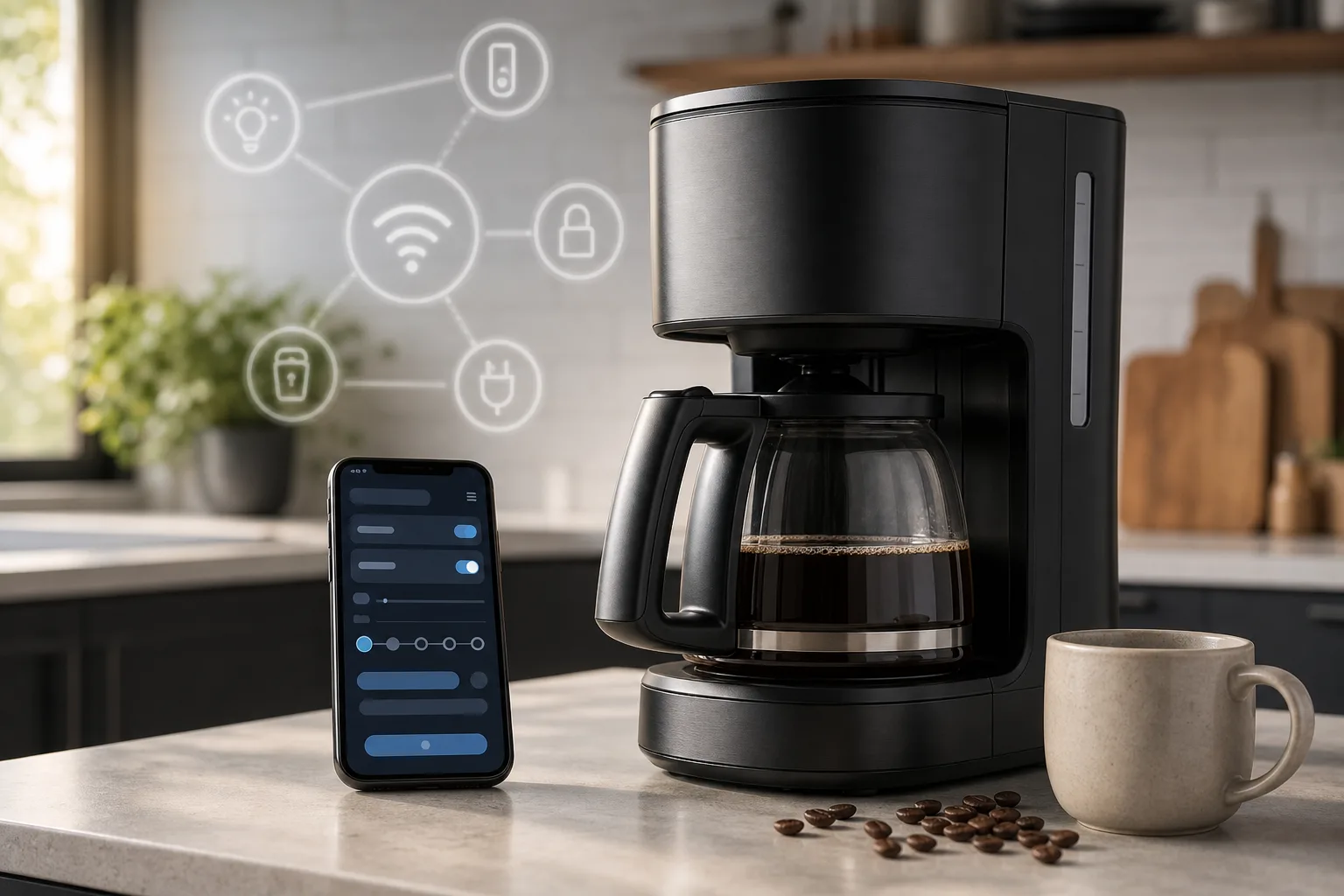 A smart Wi-Fi coffee maker controlled from a phone in a kitchen