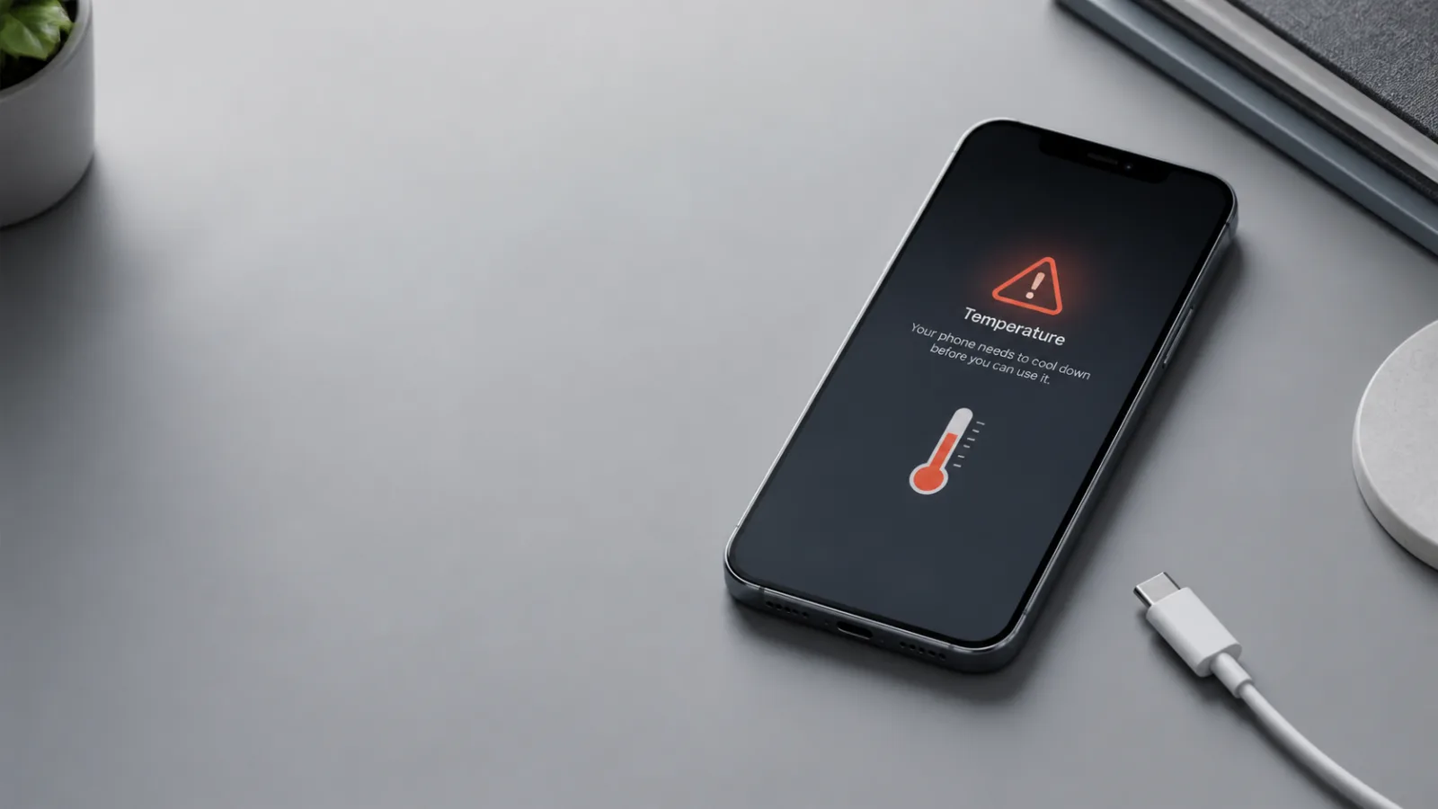 Generyczny smartfon z ostrzeżeniem o temperaturze i ikoną baterii