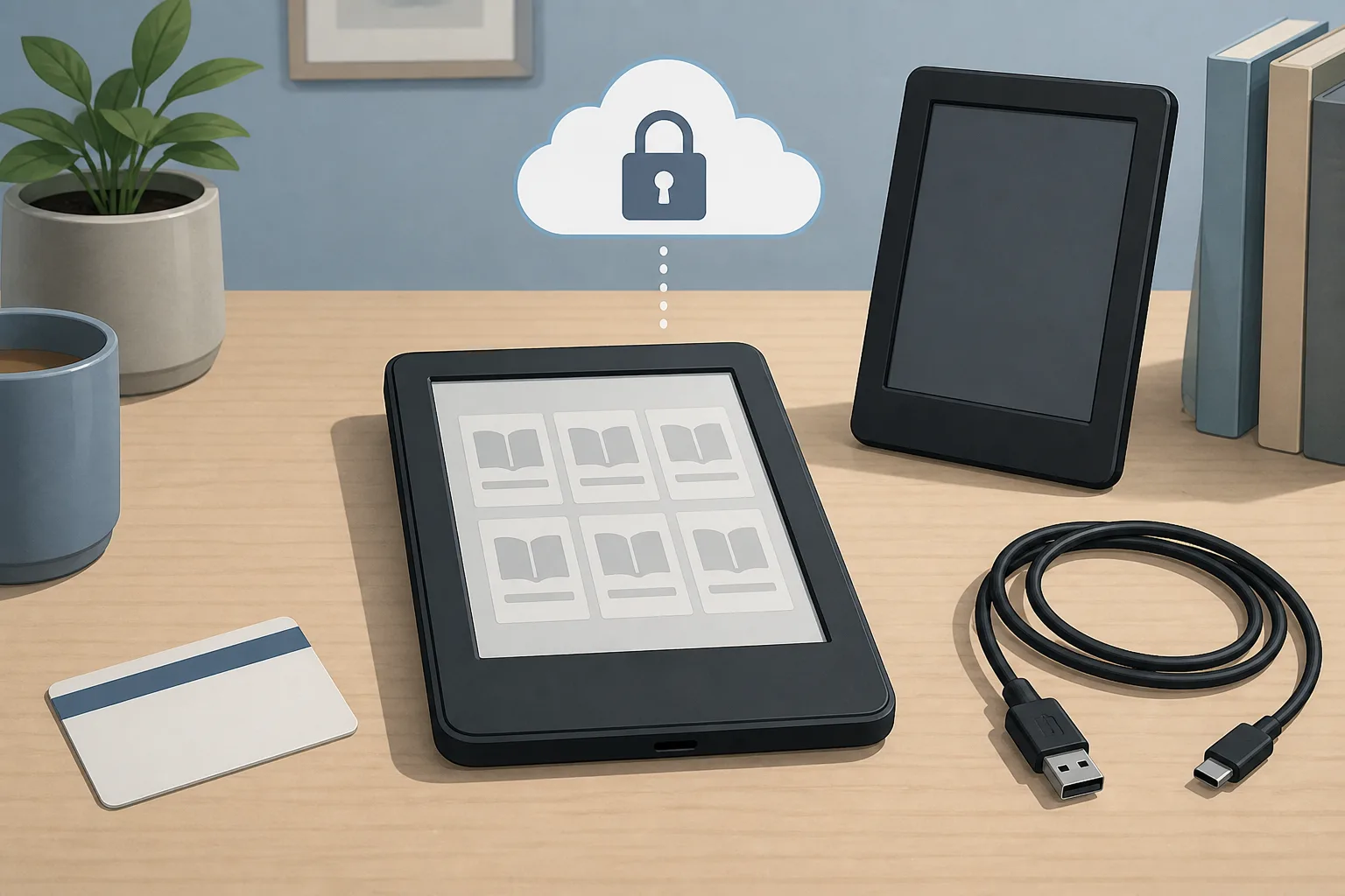 قارئ إلكتروني عام مع سحابة مقفلة وبطاقة مكتبة وكابل USB على مكتب