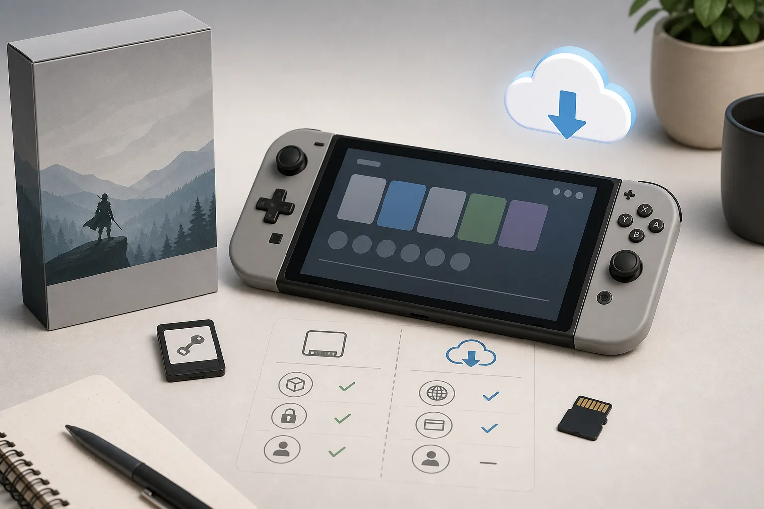 Consola portátil, caja de juego, tarjeta llave, descarga en la nube y tarjeta de memoria