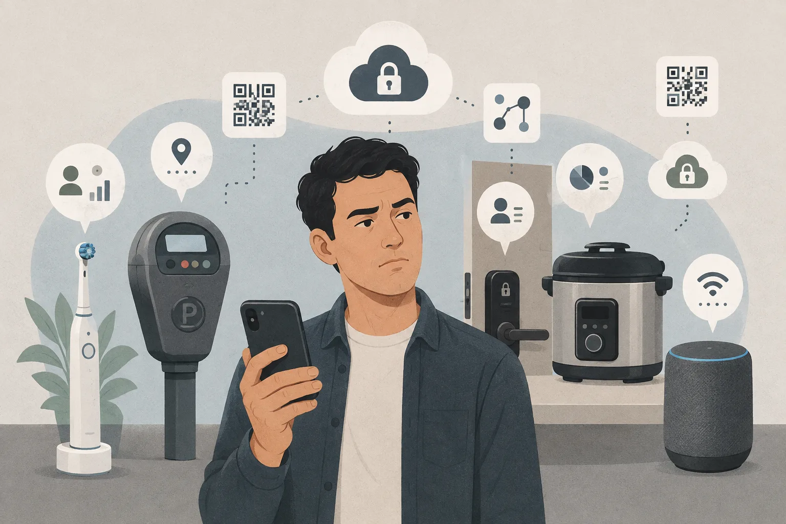 Everyday gadgets surrounding a minimalist phone with abstract app, QR and cloud-lock symbols