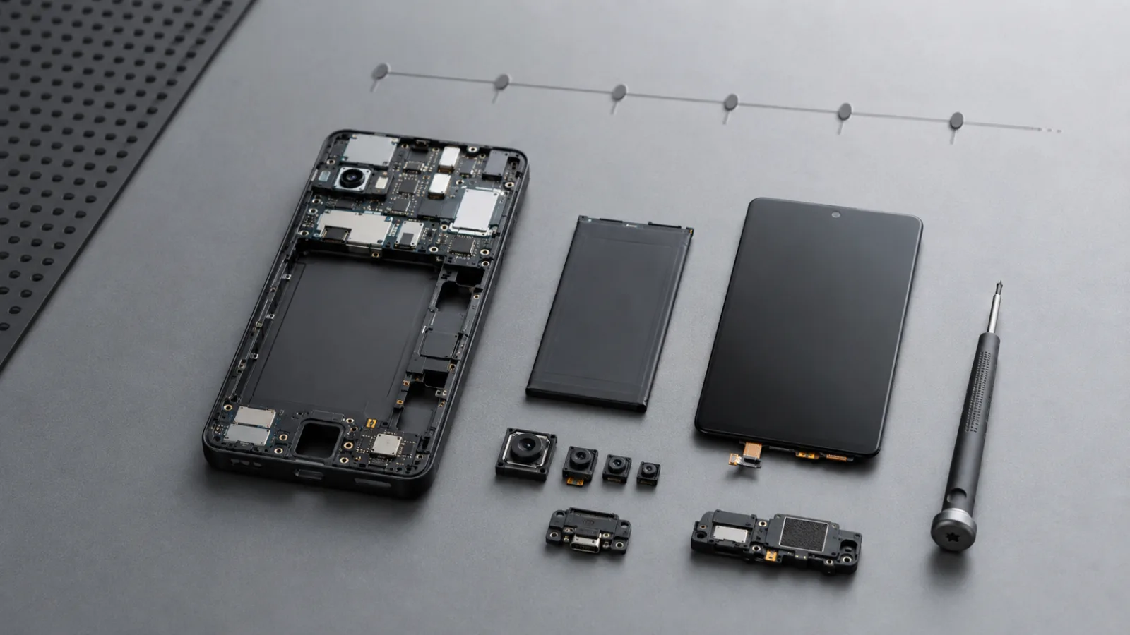 Fairphone Gen. 6+ abierto en un banco de trabajo, junto a la batería, la pantalla, el módulo USB-C y un destornillador Torx T5