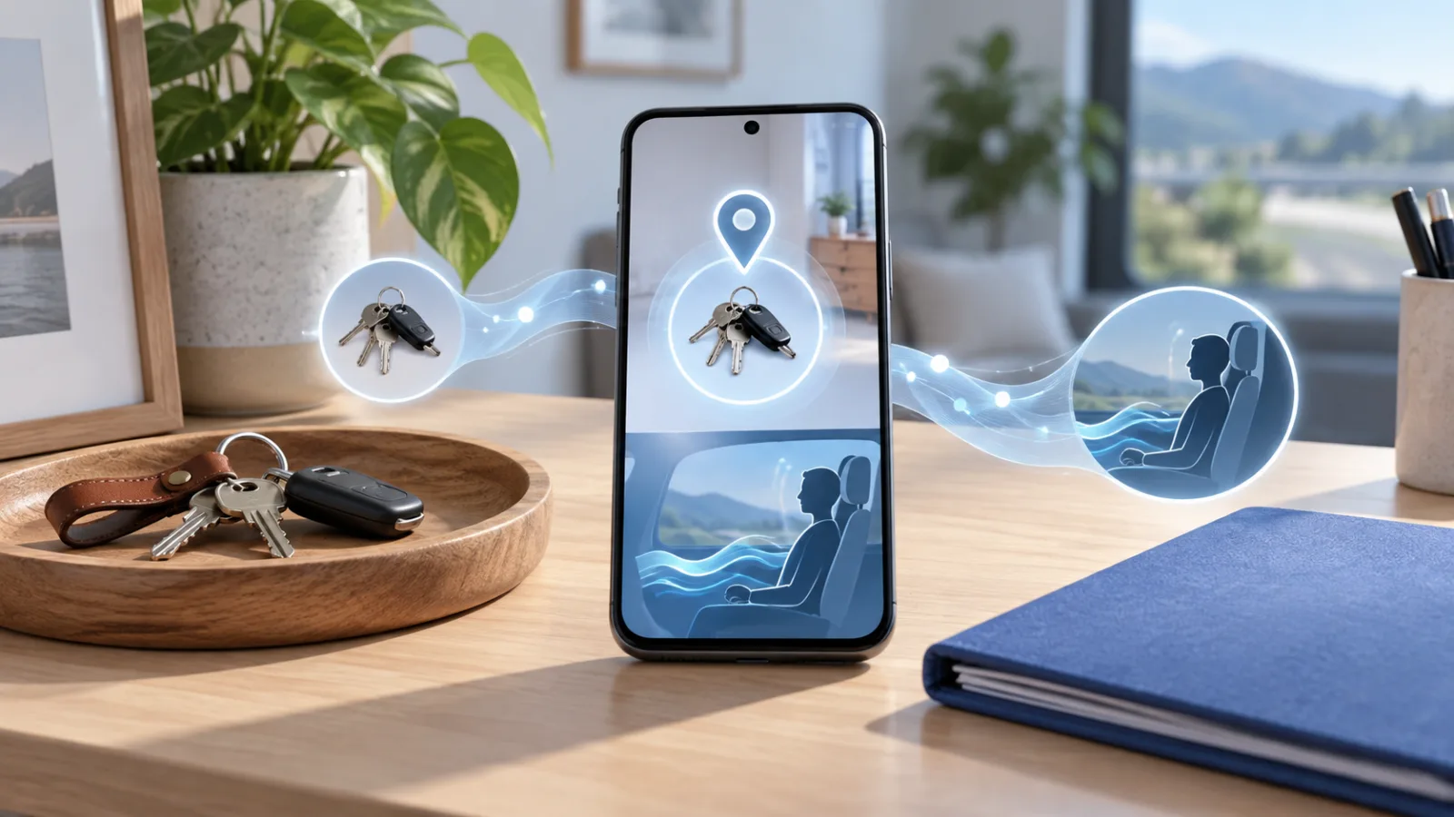 Zwykły smartfon obok tacki na klucze i teczki z dokumentami, z półprzezroczystymi bąbelkami ruchu symbolizującymi funkcje Androida do zapamiętywania przedmiotów i Motion Assist.