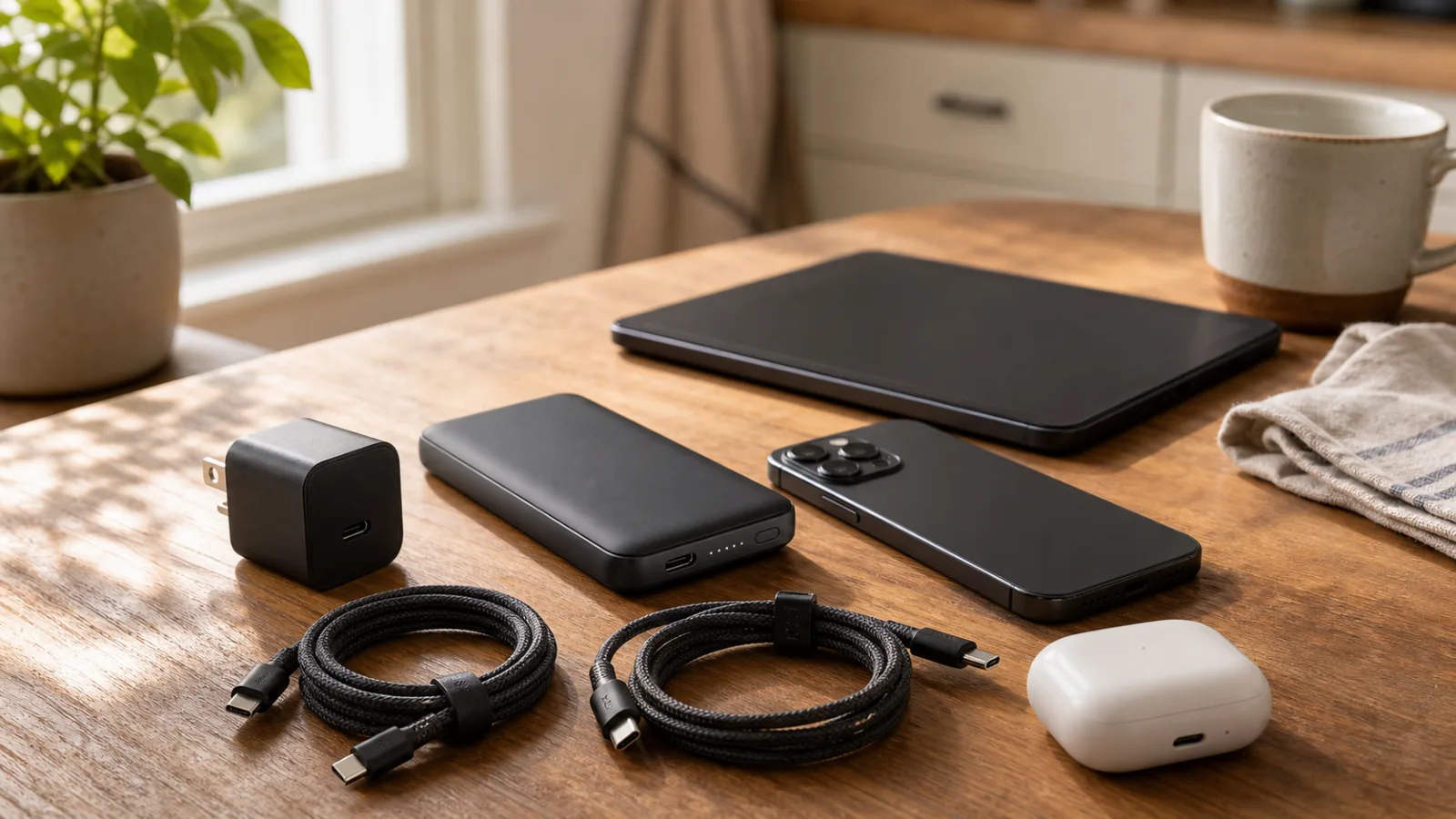 Compact USB-C travel charging kit with charger, cable, phone, power bank and tablet
