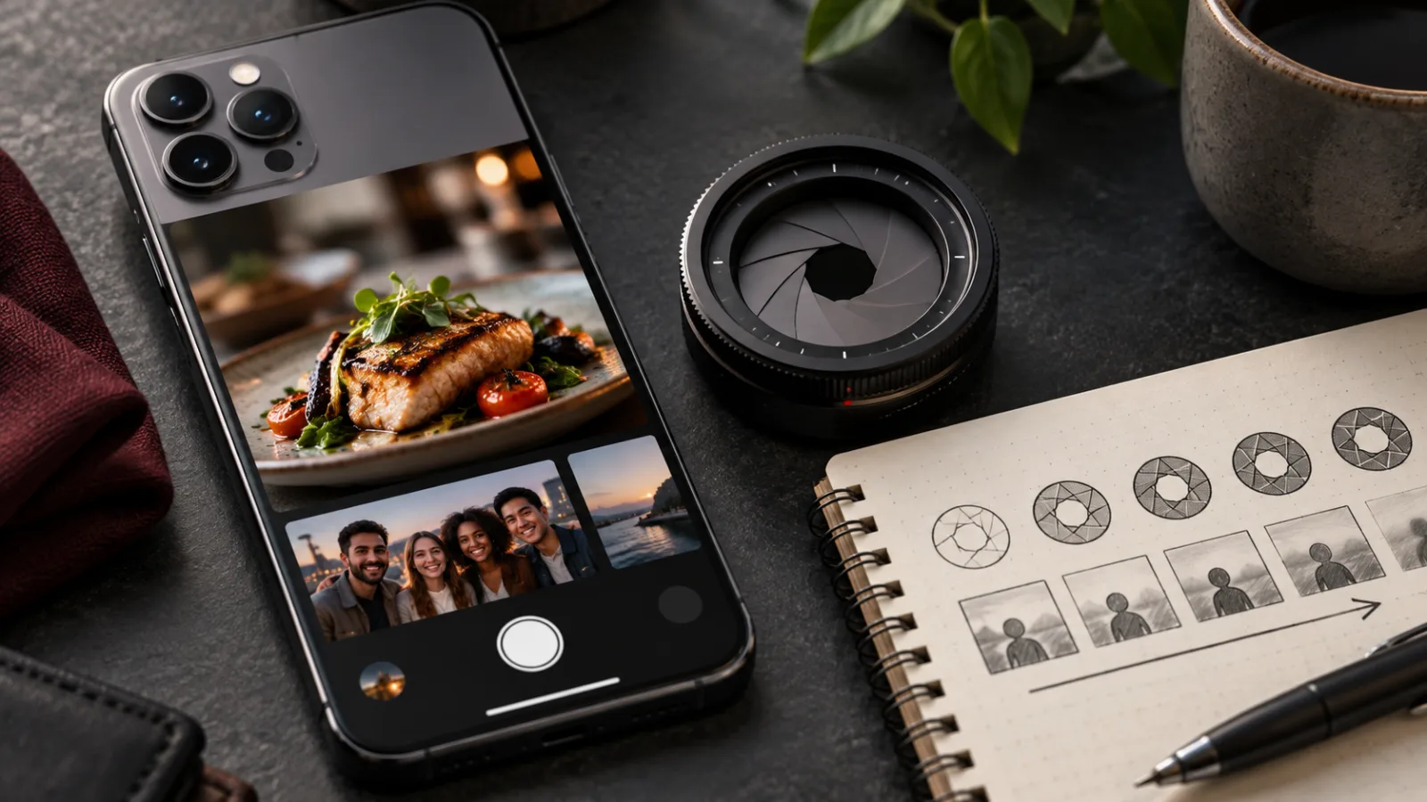 A generic premium smartphone beside a camera aperture ring and exposure notes on a dark tabletop